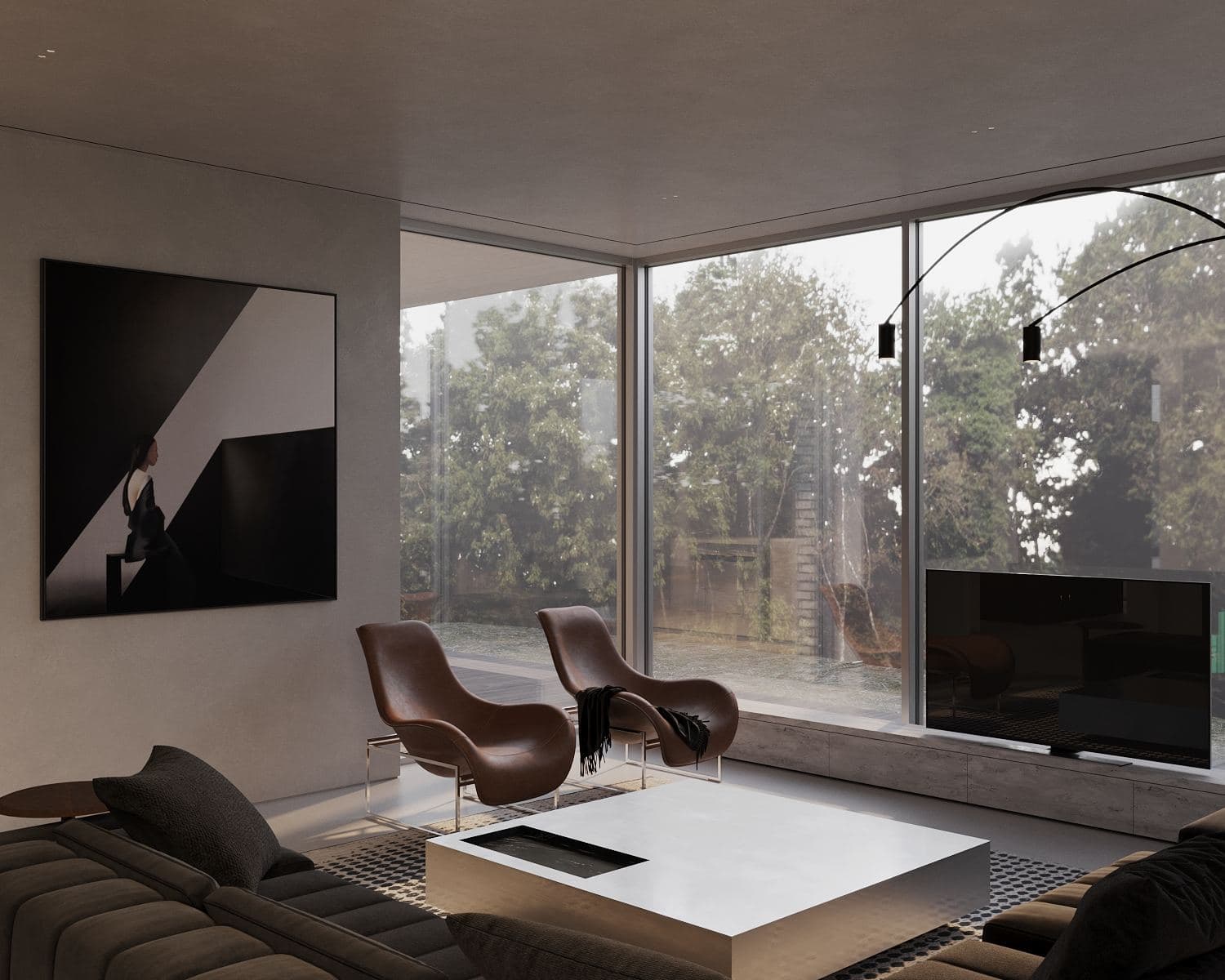 Modernism-Inspired Family House Interior — render of a corner sofa facing floor-to-ceiling glazing onto the trees
