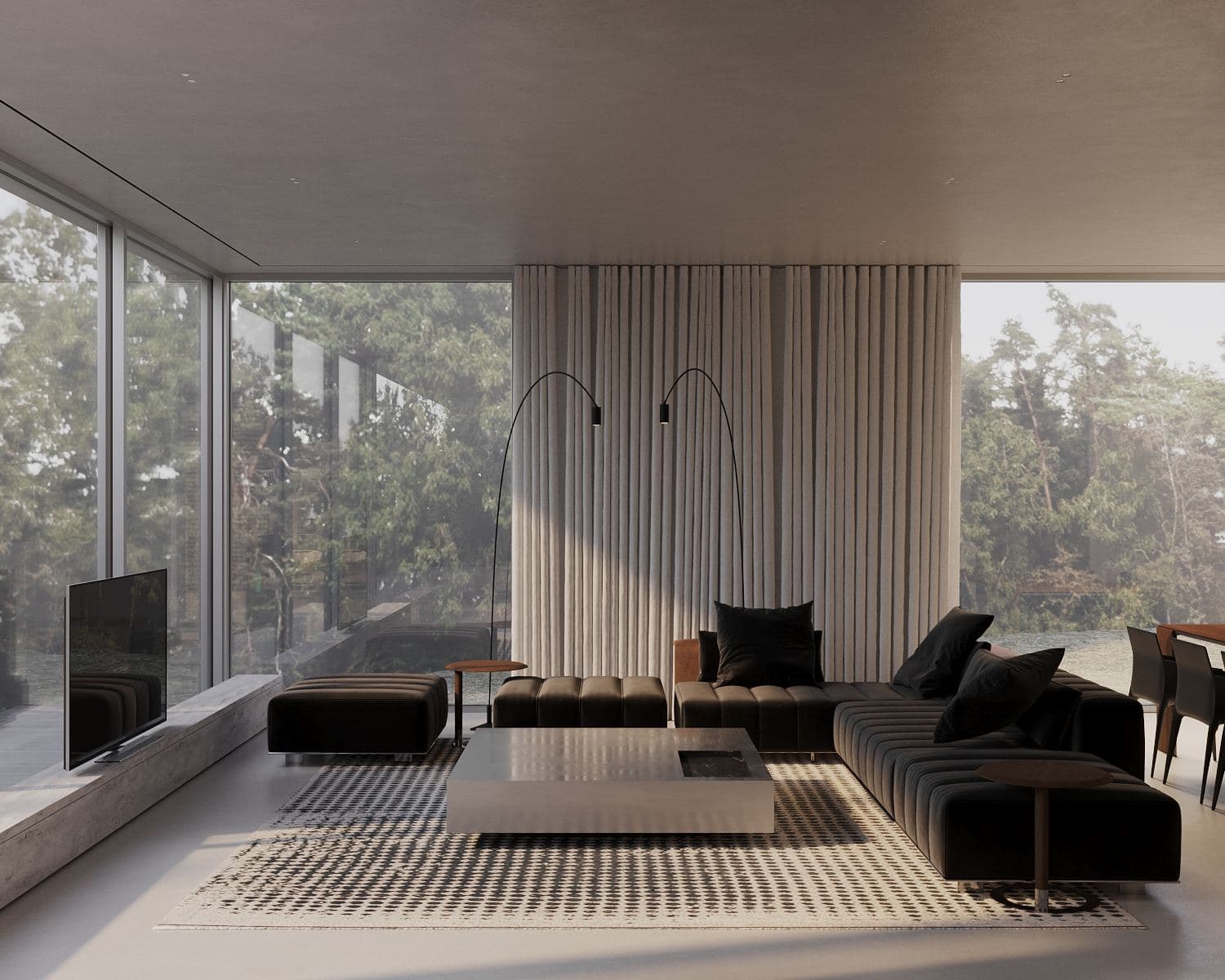 Modernism-Inspired Family House Interior — render of the living area's glazing and timber-slatted partition wall