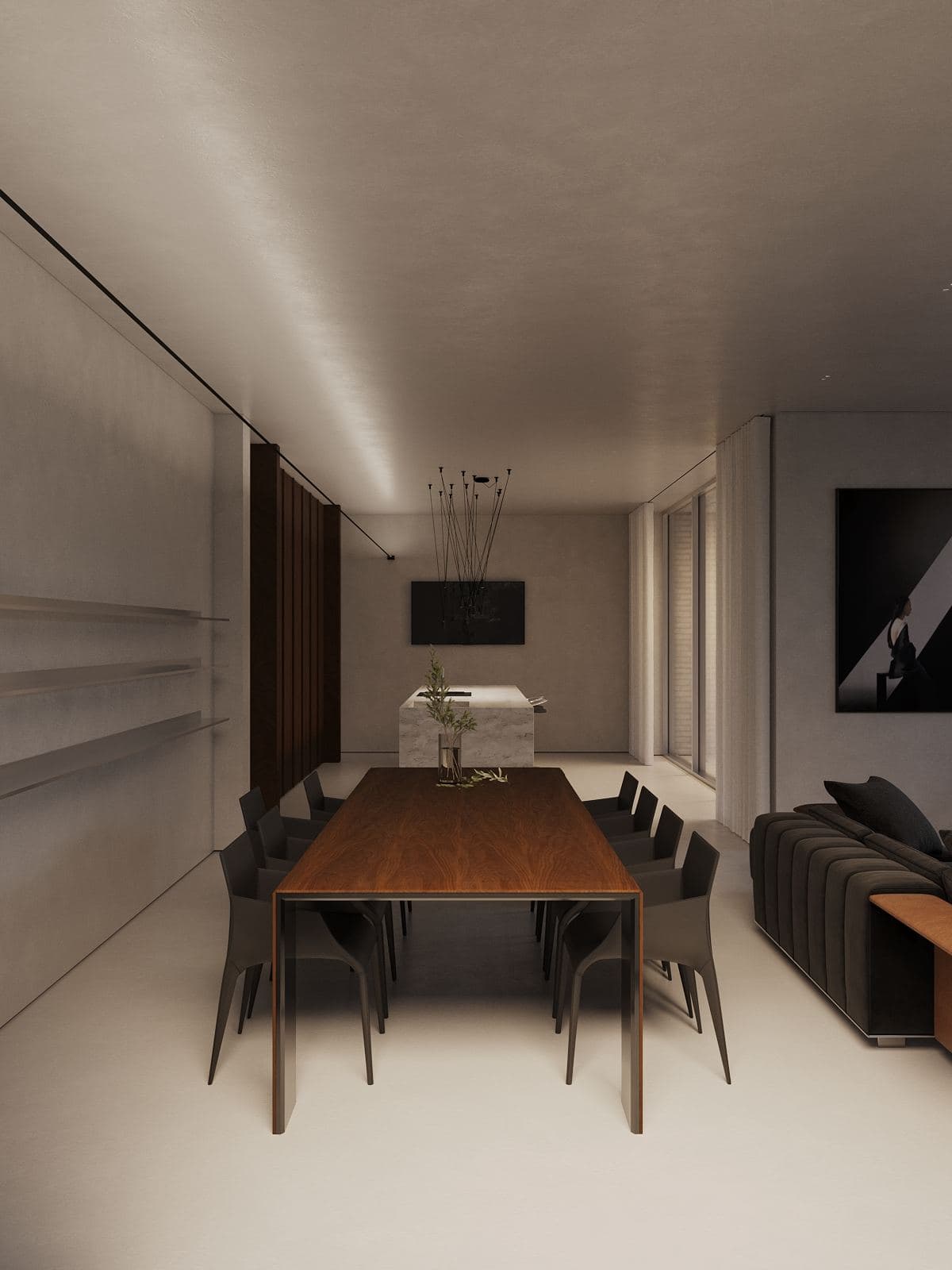 Modernism-Inspired Family House Interior — render of a long dining table beneath a suspended lighting fixture