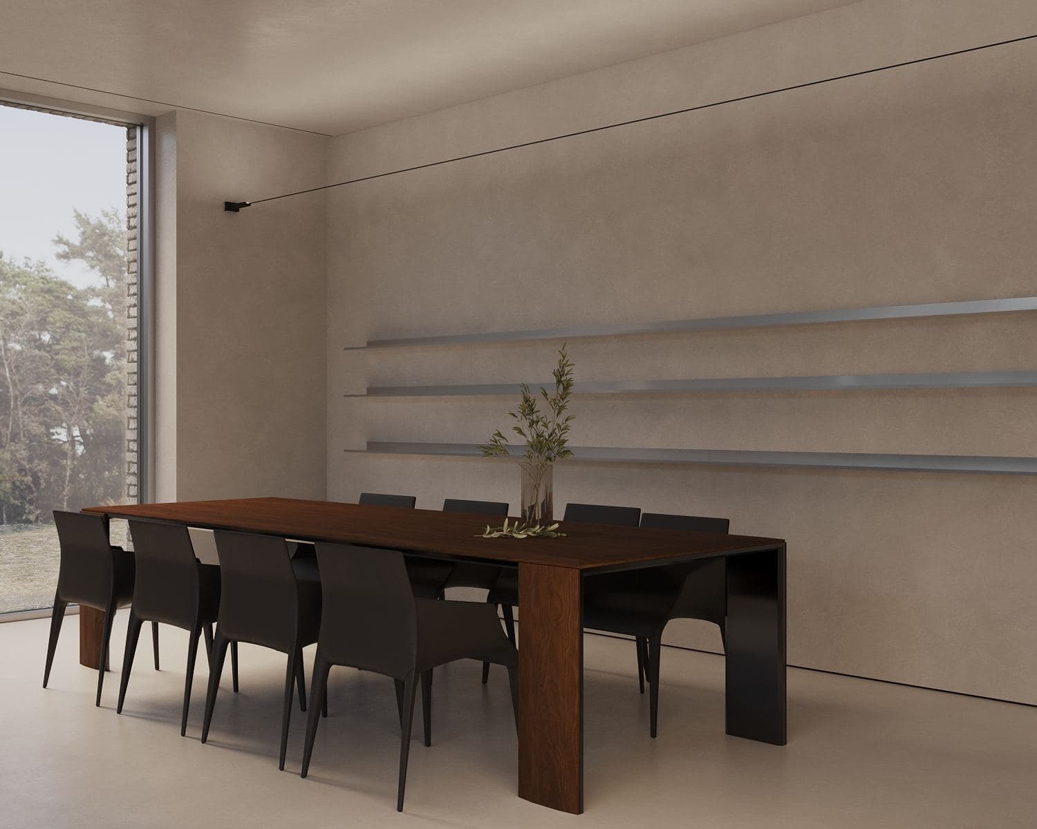 Modernism-Inspired Family House Interior — render of a dining table beside vertical wall panelling