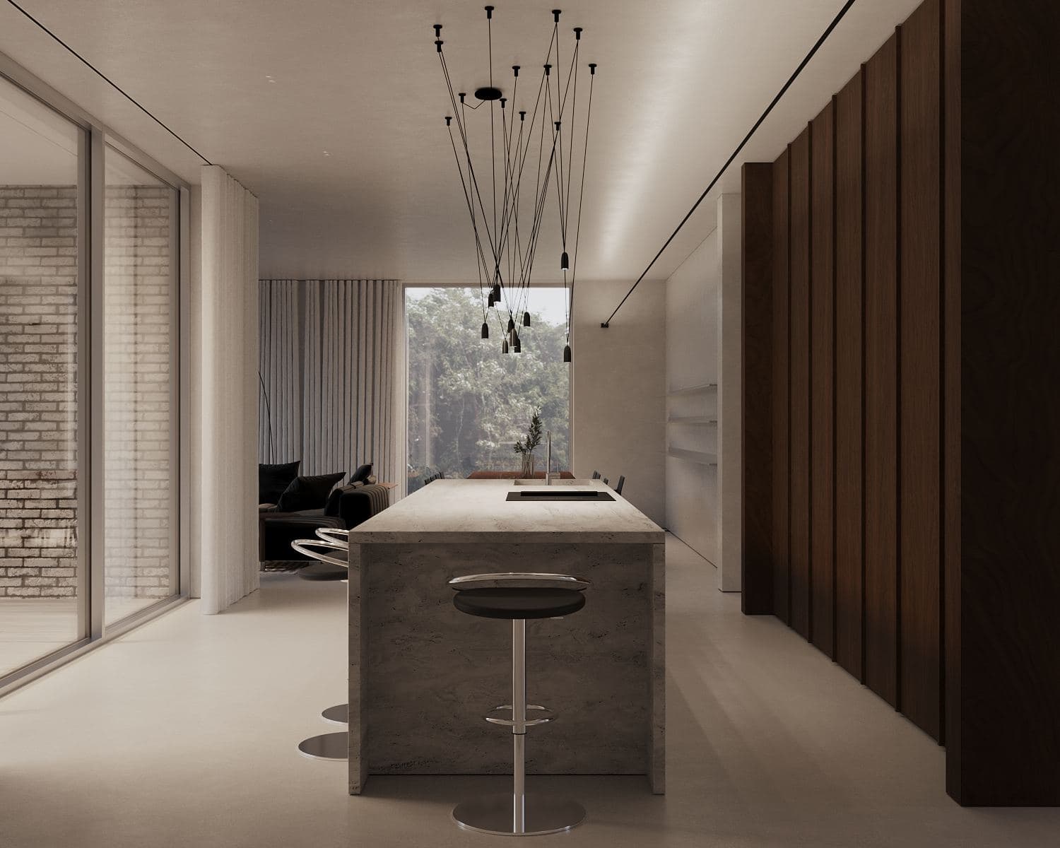 Modernism-Inspired Family House Interior — render of a kitchen island beside a brick partition wall