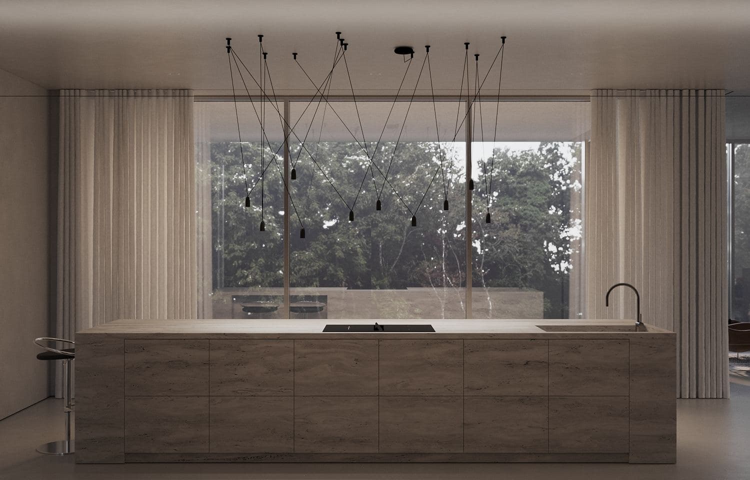 Modernism-Inspired Family House Interior — render of a kitchen island facing full-height windows onto the garden
