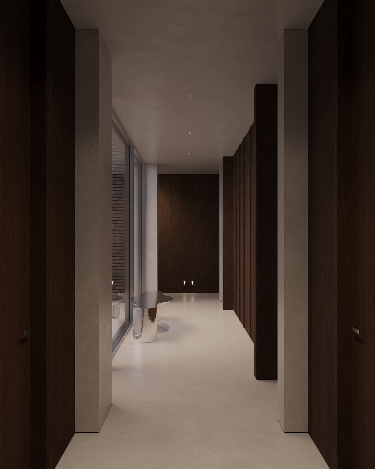 Modernism-Inspired Family House Interior — render of a corridor lined with dark walnut volumes