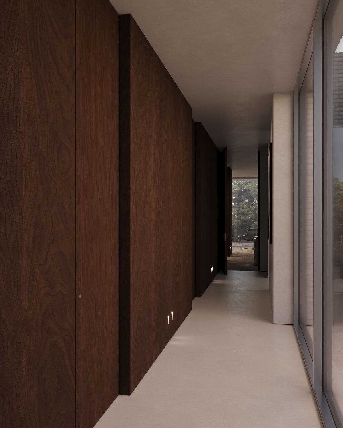 Modernism-Inspired Family House Interior — render of a walnut wardrobe wall along a corridor