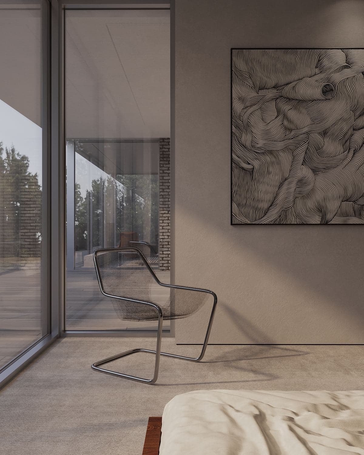 Modernism-Inspired Family House Interior — render of a bed beside floor-to-ceiling glazing and a leather armchair