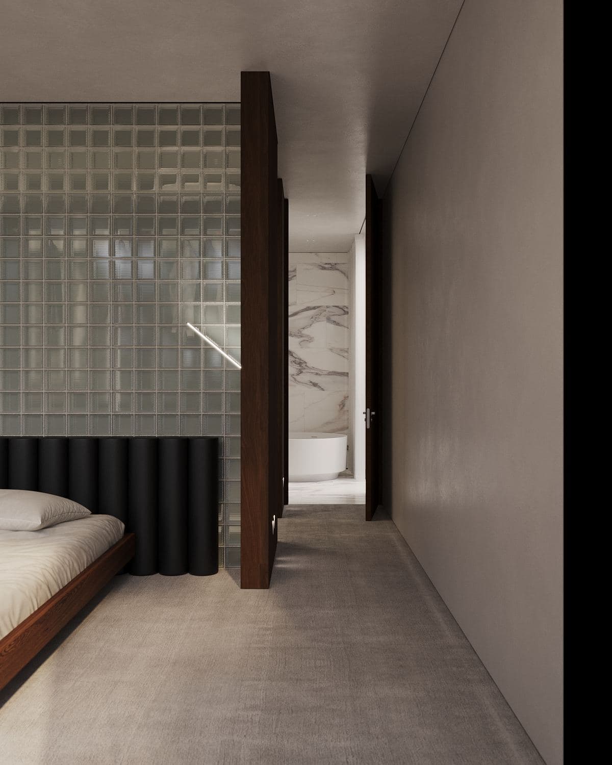 Modernism-Inspired Family House Interior — render of a bed in a corridor-like bedroom beside a glass-block wall