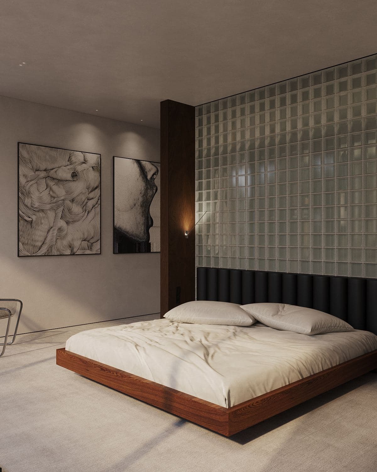 Modernism-Inspired Family House Interior — render of a bed beside a glass-block partition and framed artwork