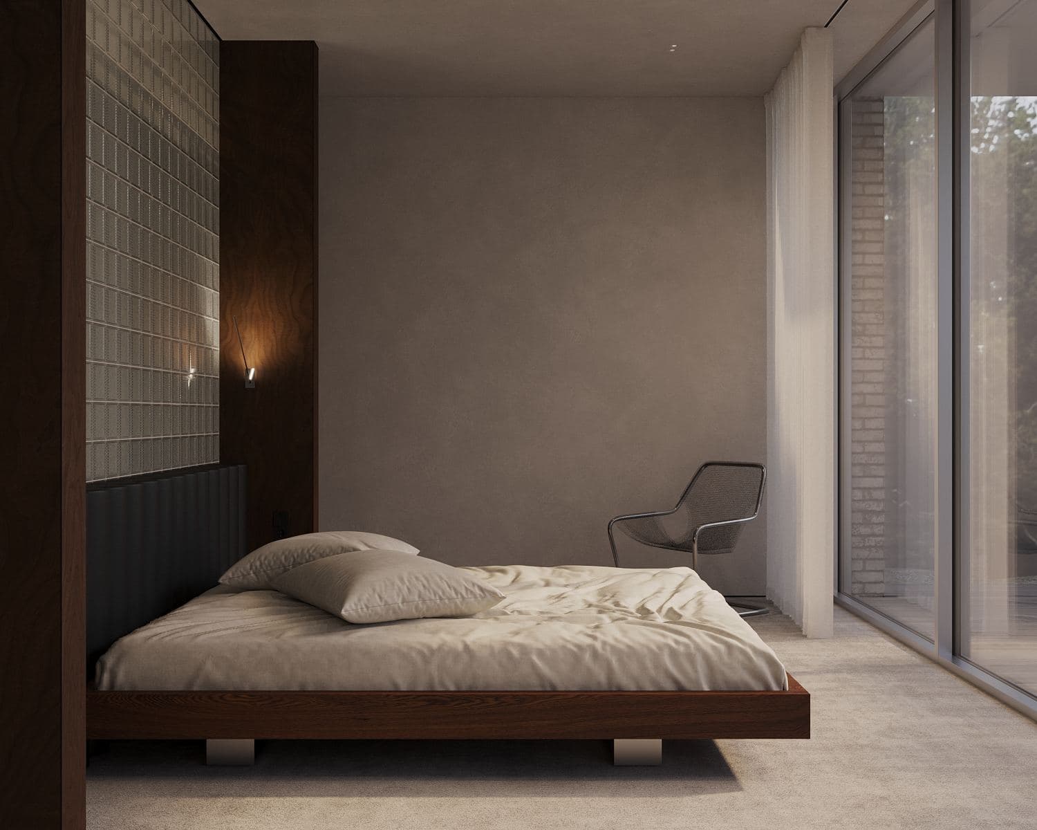 Modernism-Inspired Family House Interior — render of a bed framed by a walnut post against a glass-block wall
