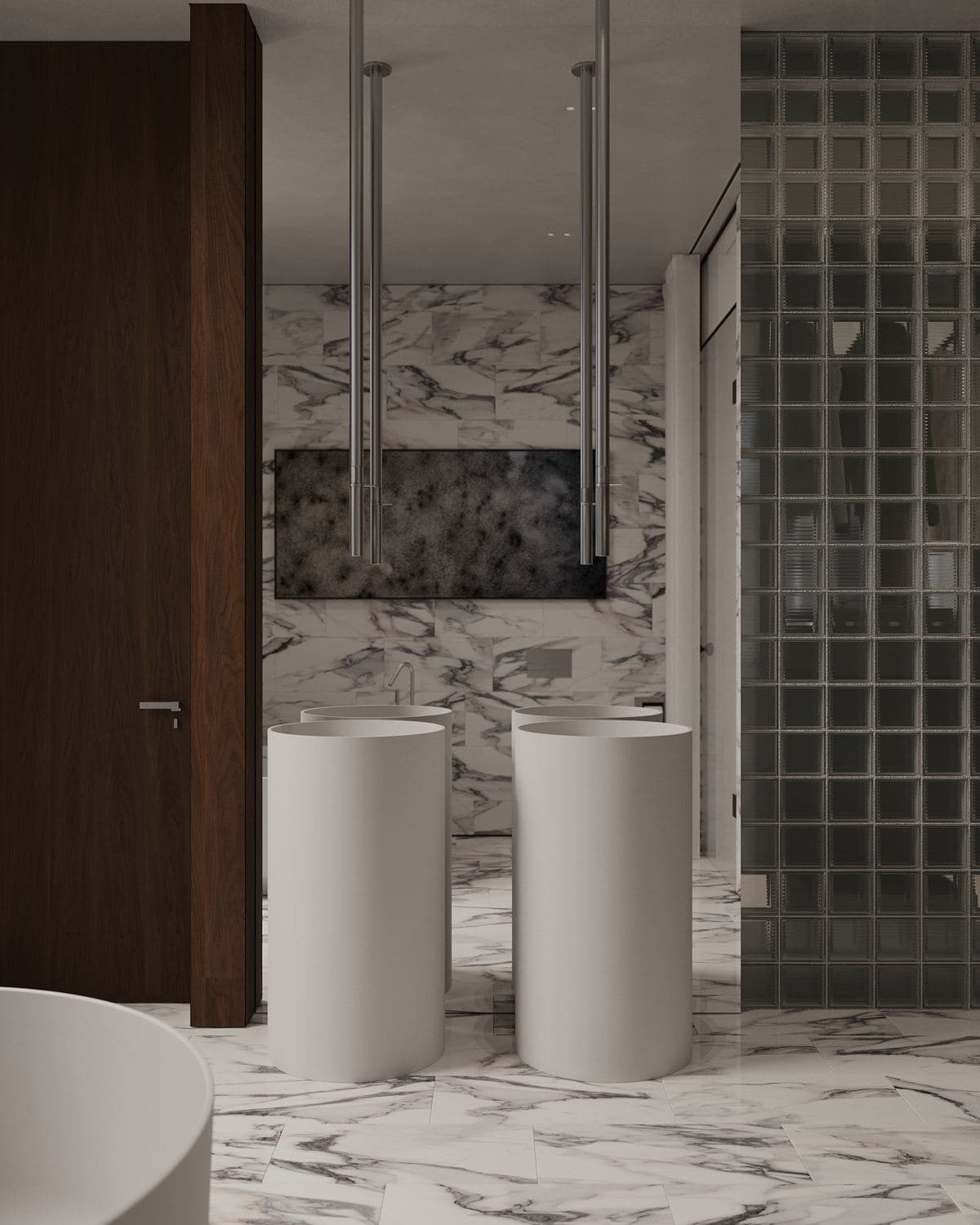 Modernism-Inspired Family House Interior — render of freestanding basins beside a glass-block shower enclosure