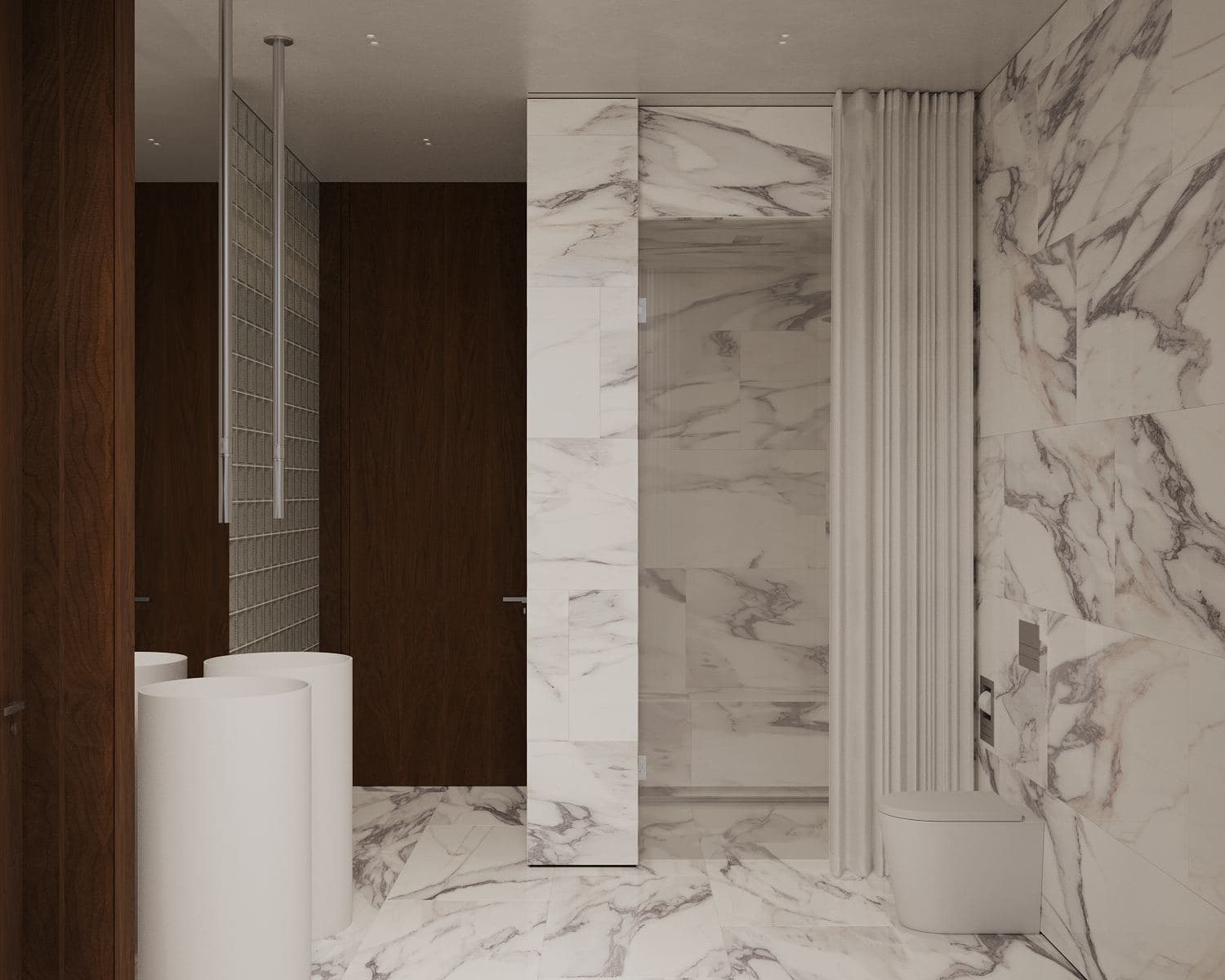 Modernism-Inspired Family House Interior — render of a walnut door beside veined marble walls