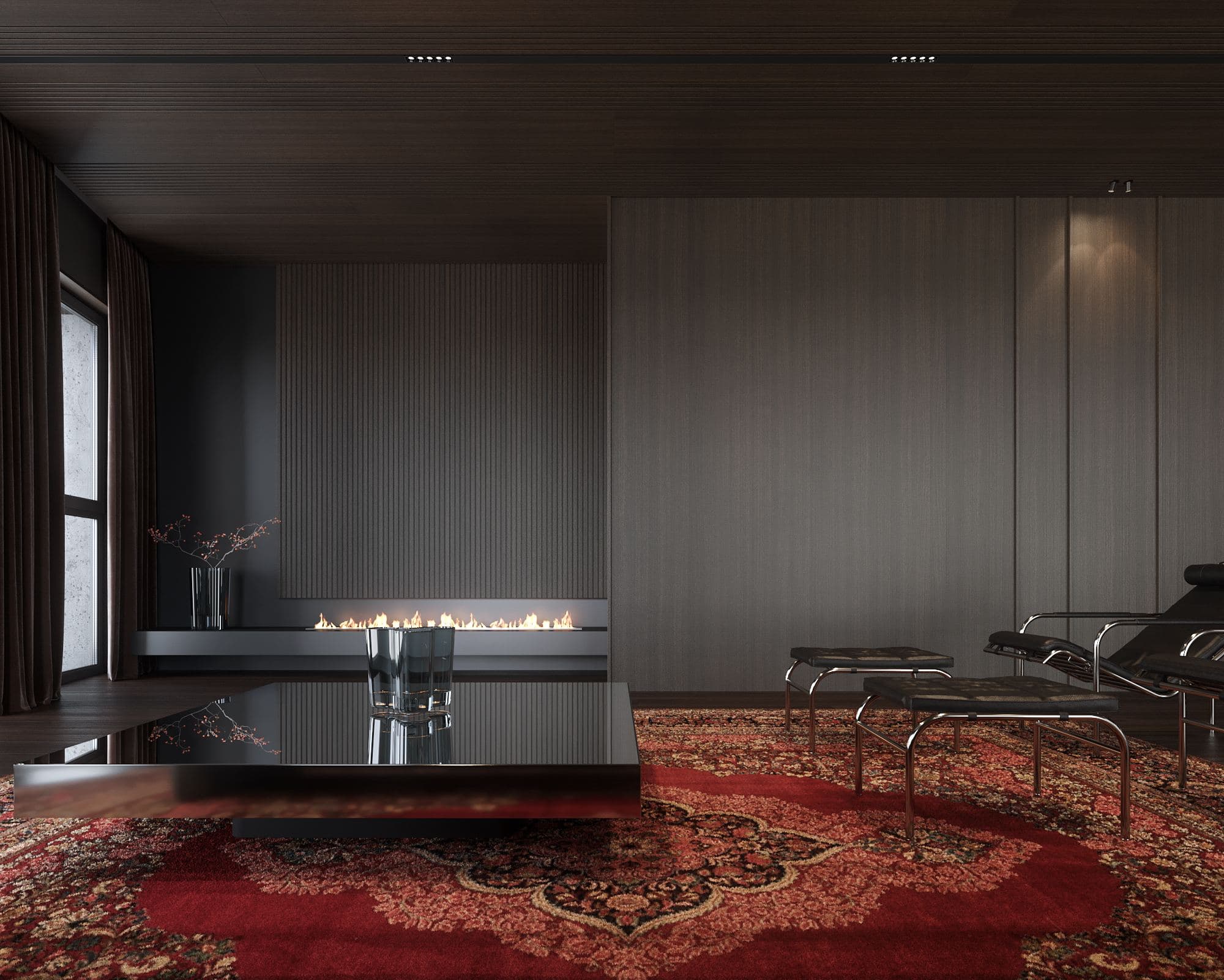 Skyline Penthouse — fireplace and red patterned rug facing the lounge chairs