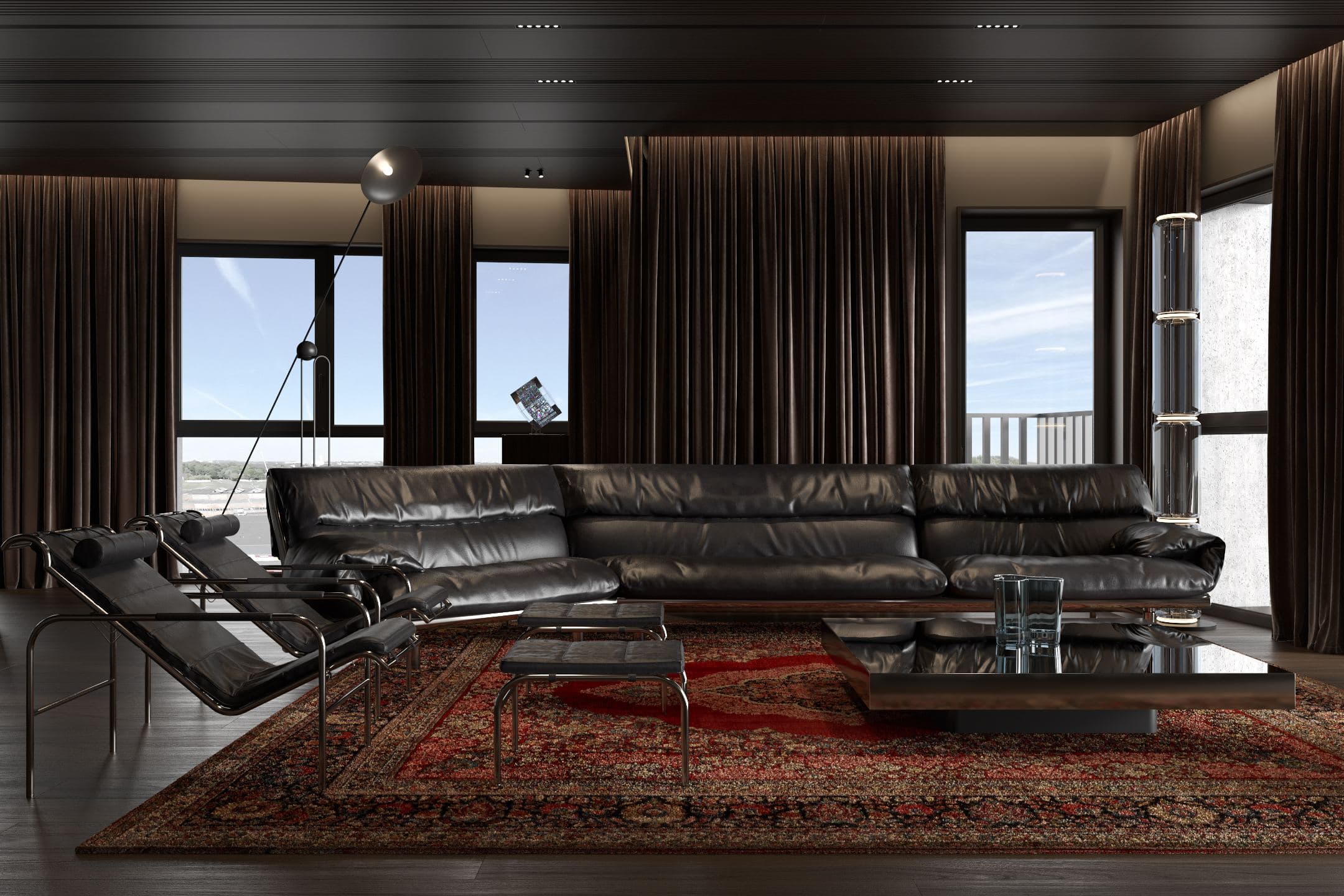 Skyline Penthouse — leather lounge chairs on a red rug facing the city-view windows