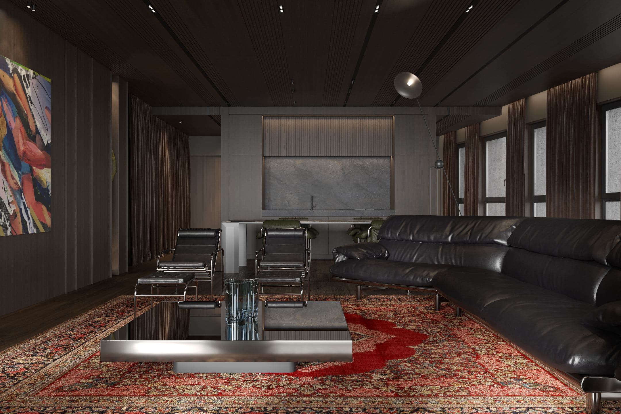 Skyline Penthouse — leather sofa and glass coffee table on a red rug