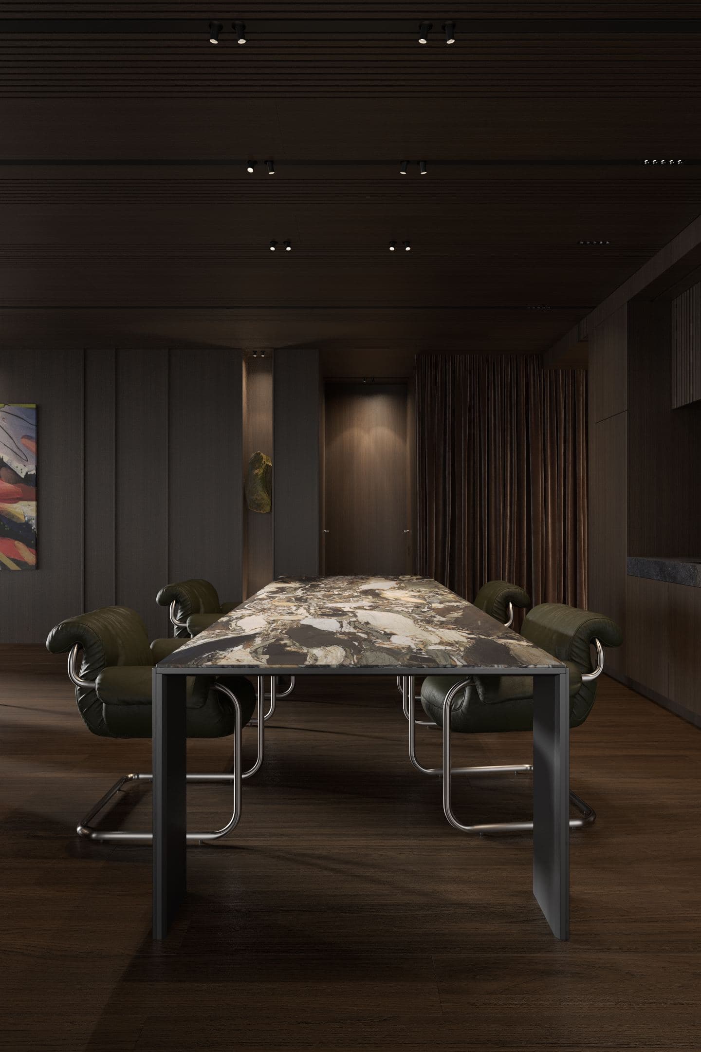 Skyline Penthouse — dining table and chairs beside a framed artwork