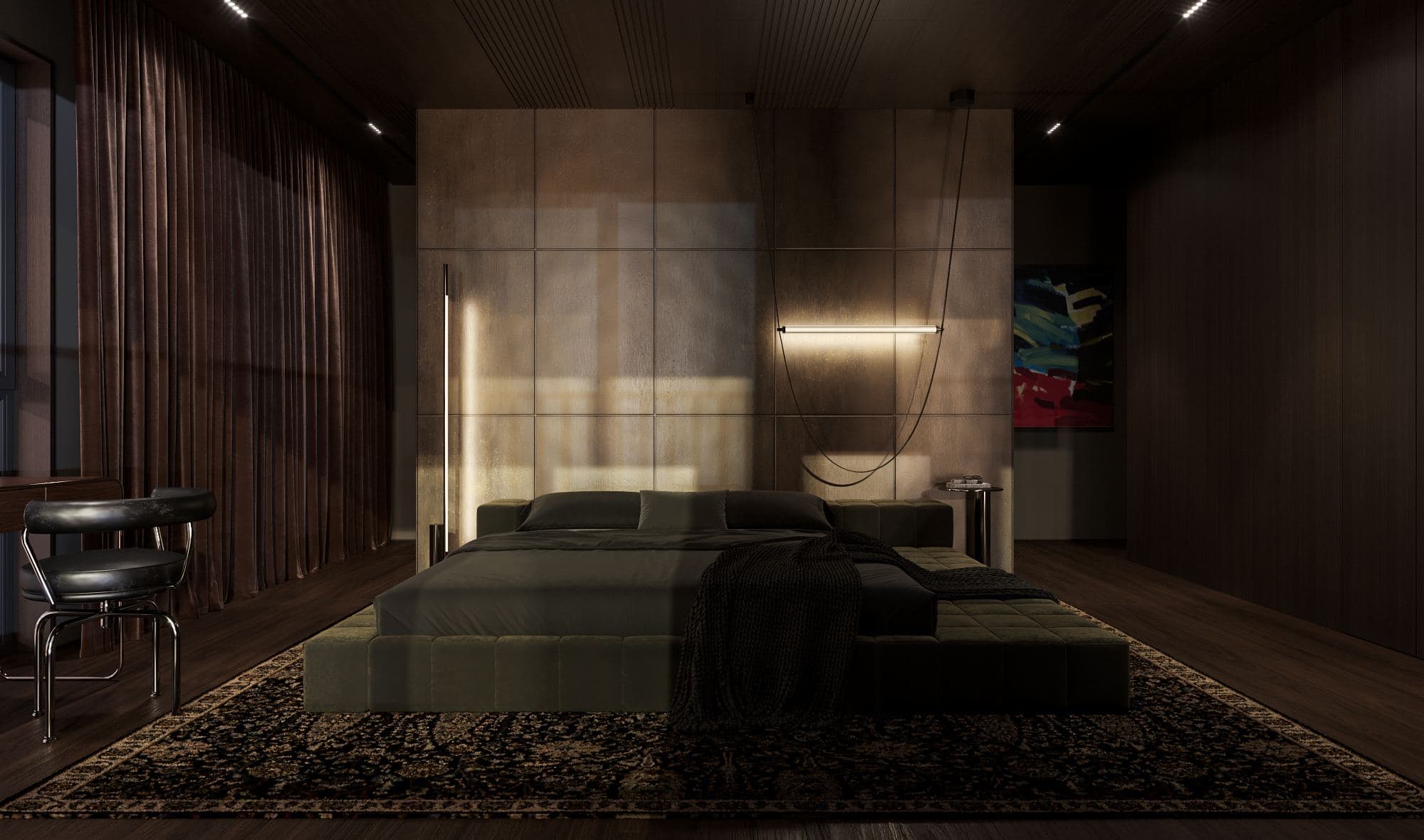 Skyline Penthouse — bed and lounge seating beneath dark timber panelling