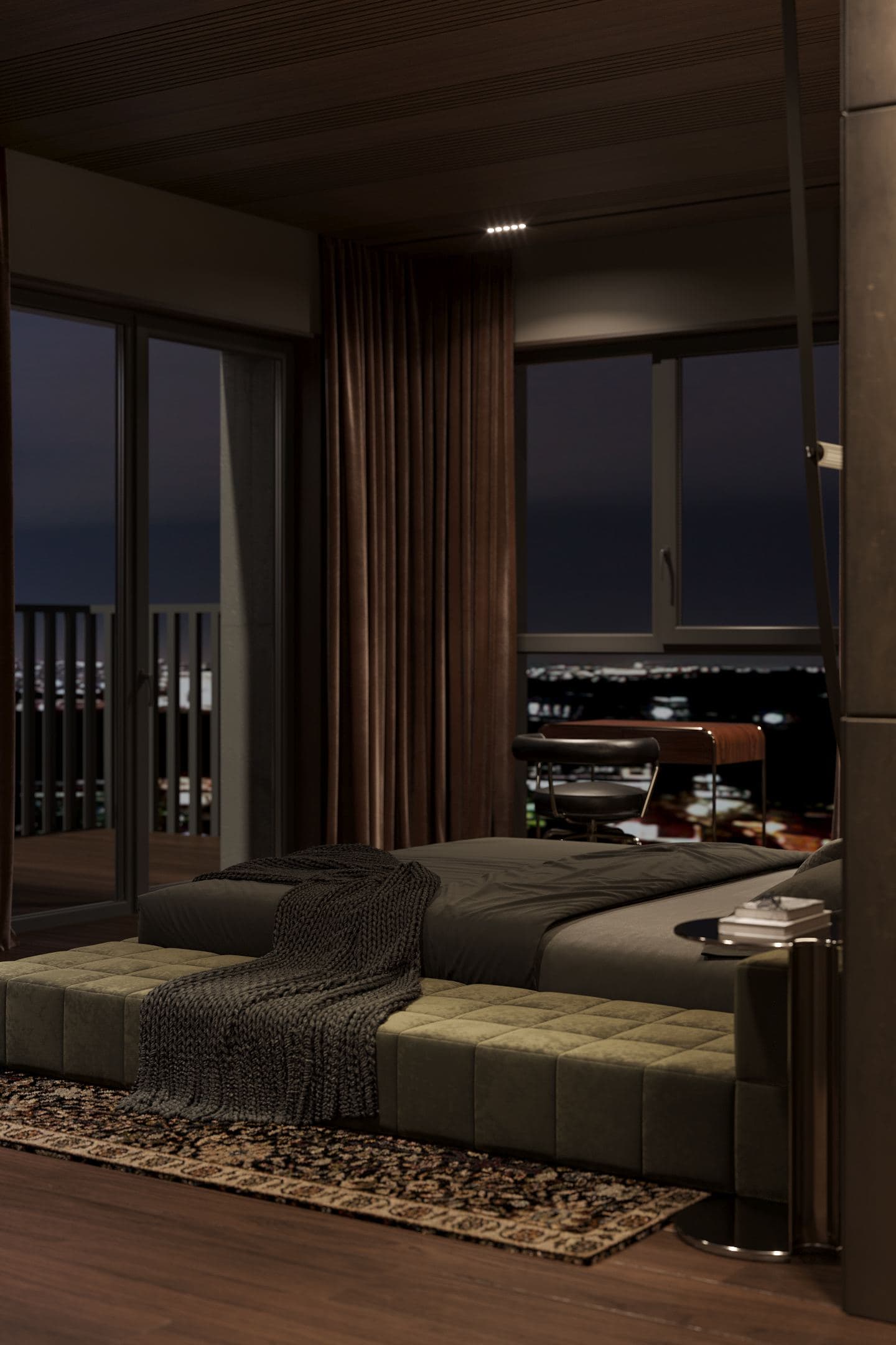Skyline Penthouse — bed facing the illuminated city skyline through tall windows