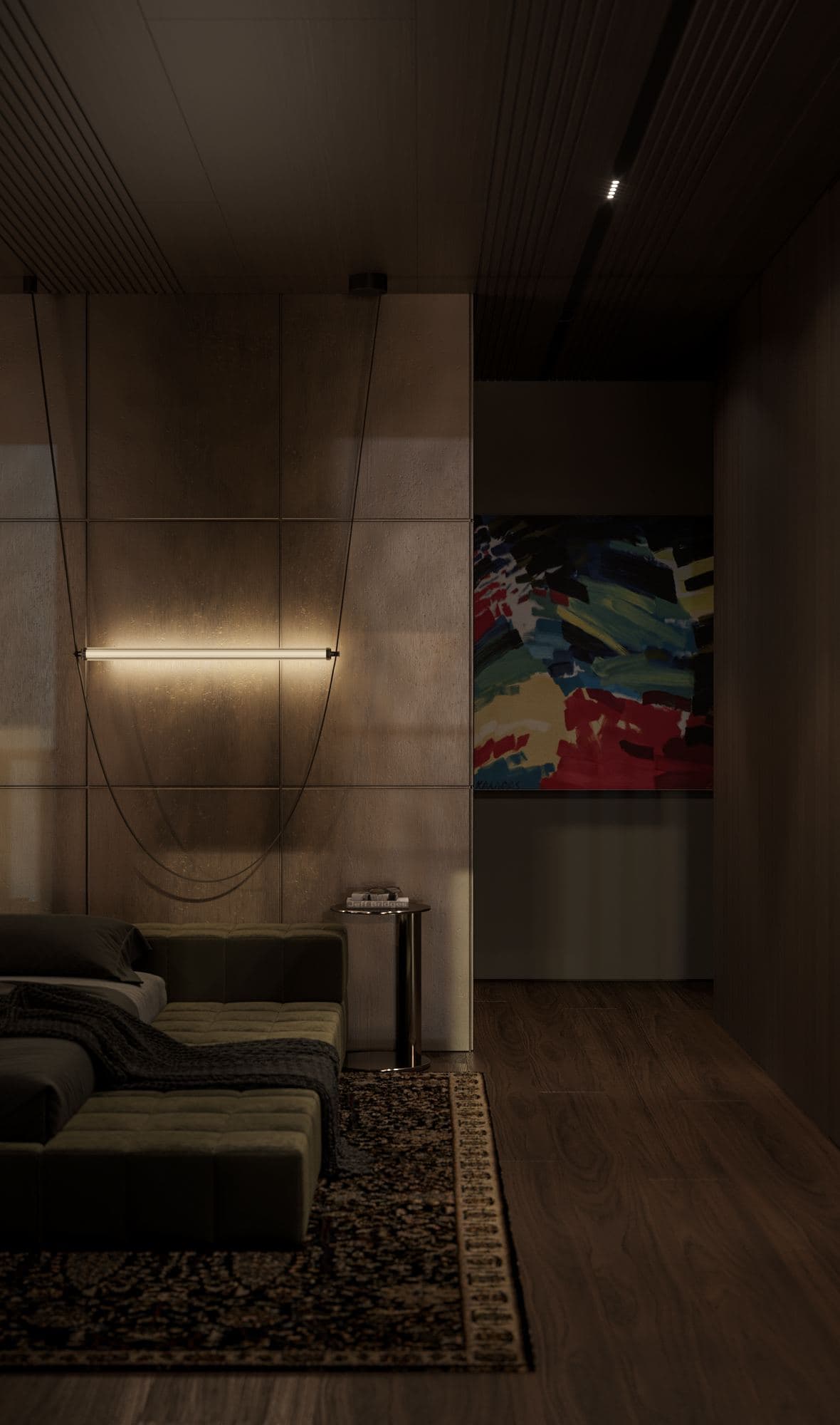 Skyline Penthouse — lounge seating area beside a colourful framed artwork