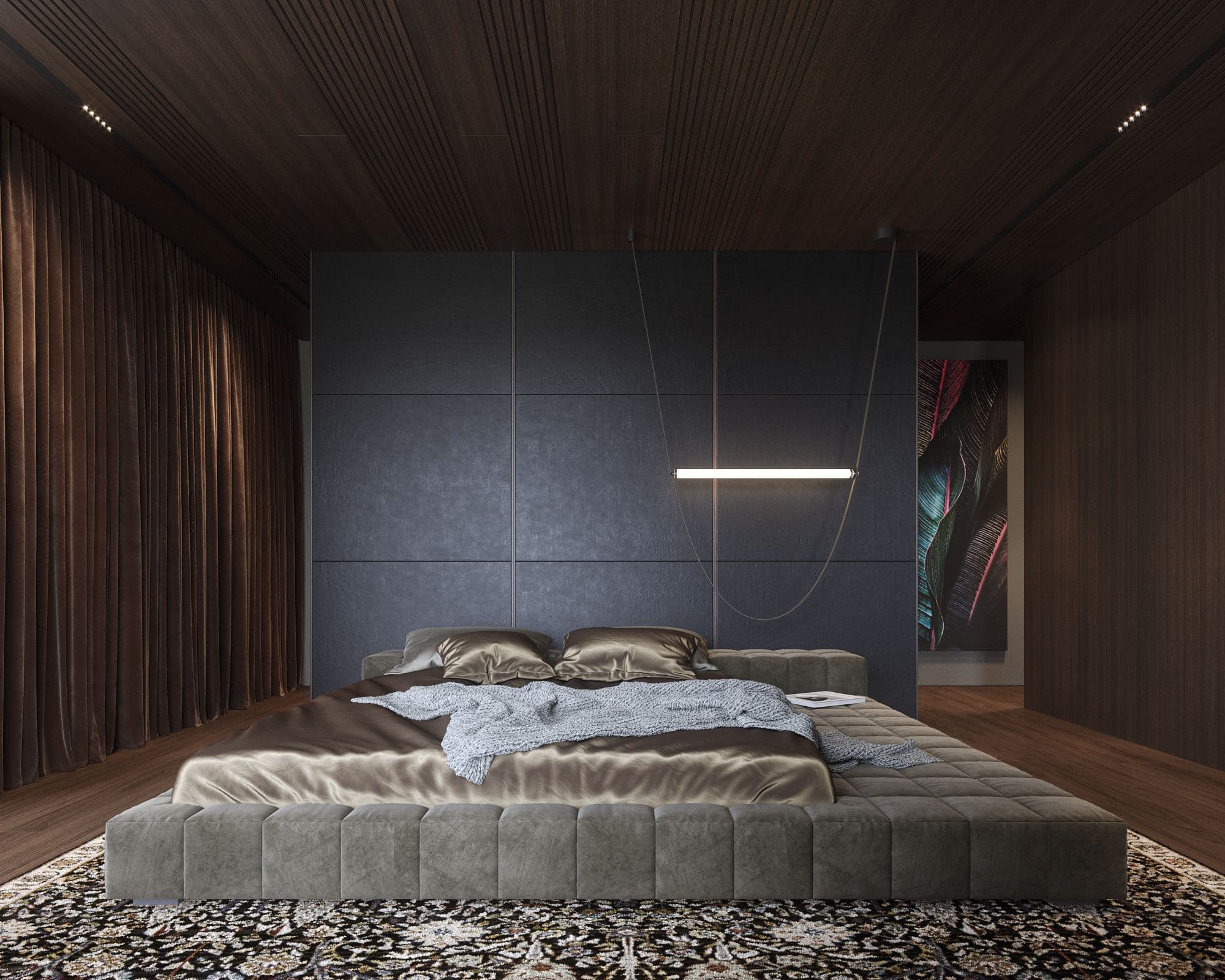 Skyline Penthouse — bed against a dark panelled headboard wall