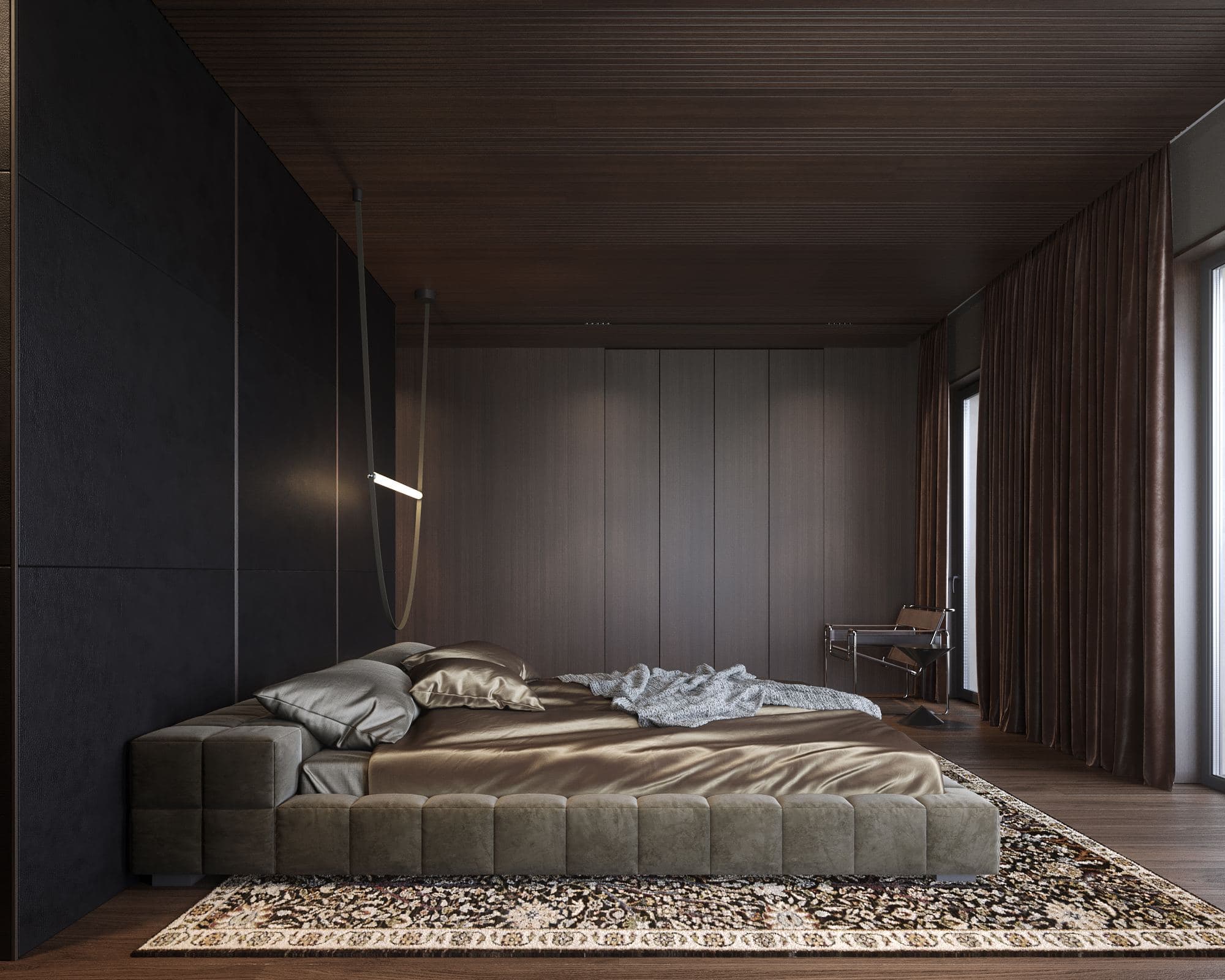 Skyline Penthouse — bed beneath dark timber panelling and a wall light