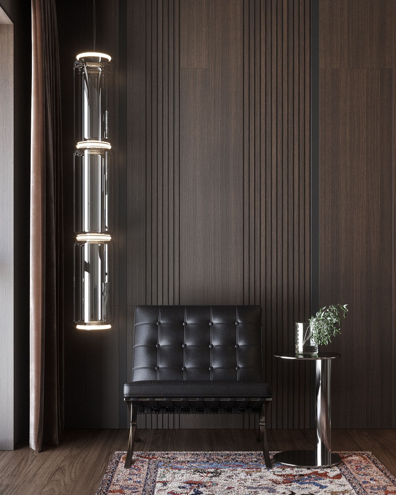 Skyline Penthouse — leather armchair beside a sculptural pendant light