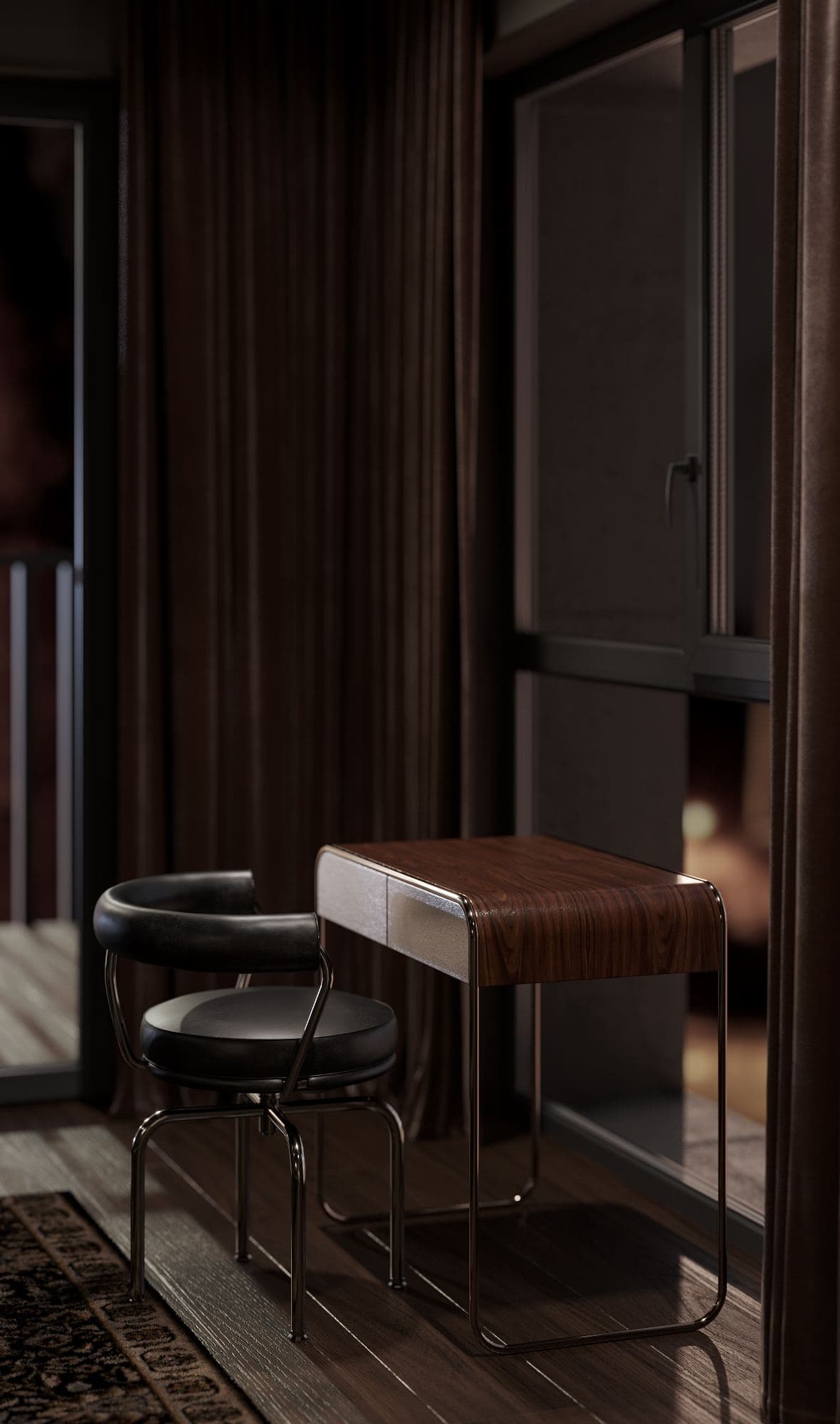 Skyline Penthouse — bar stool and small table beside a mirrored door