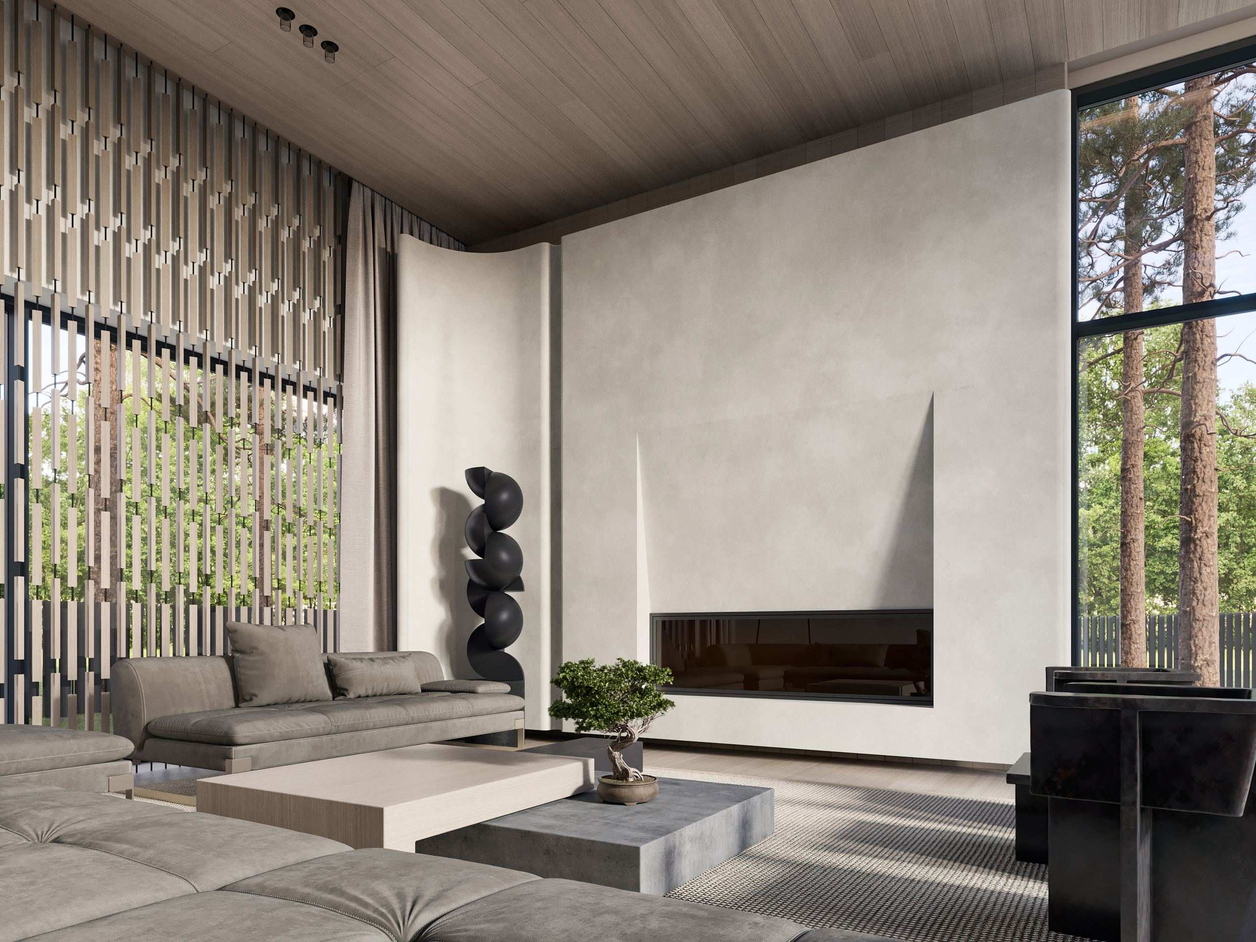 ZEN House Interior — fireplace and timber screen beside sculptural stone forms