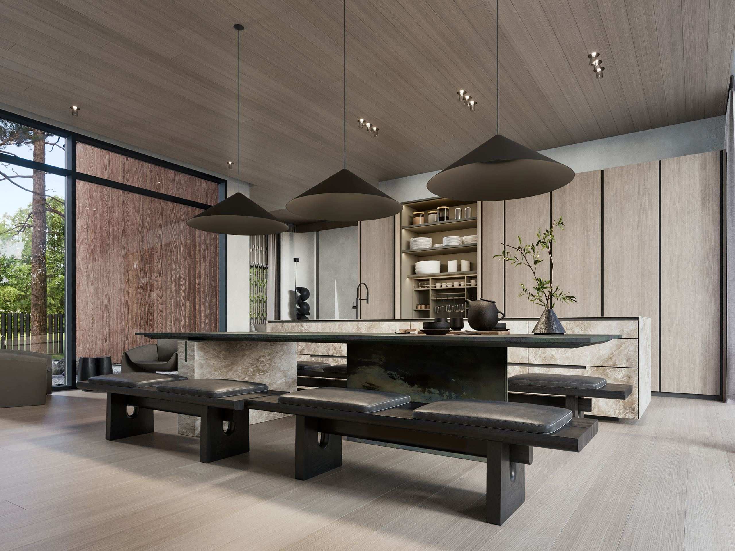 ZEN House Interior — dining table and island beneath pendant lights facing the garden