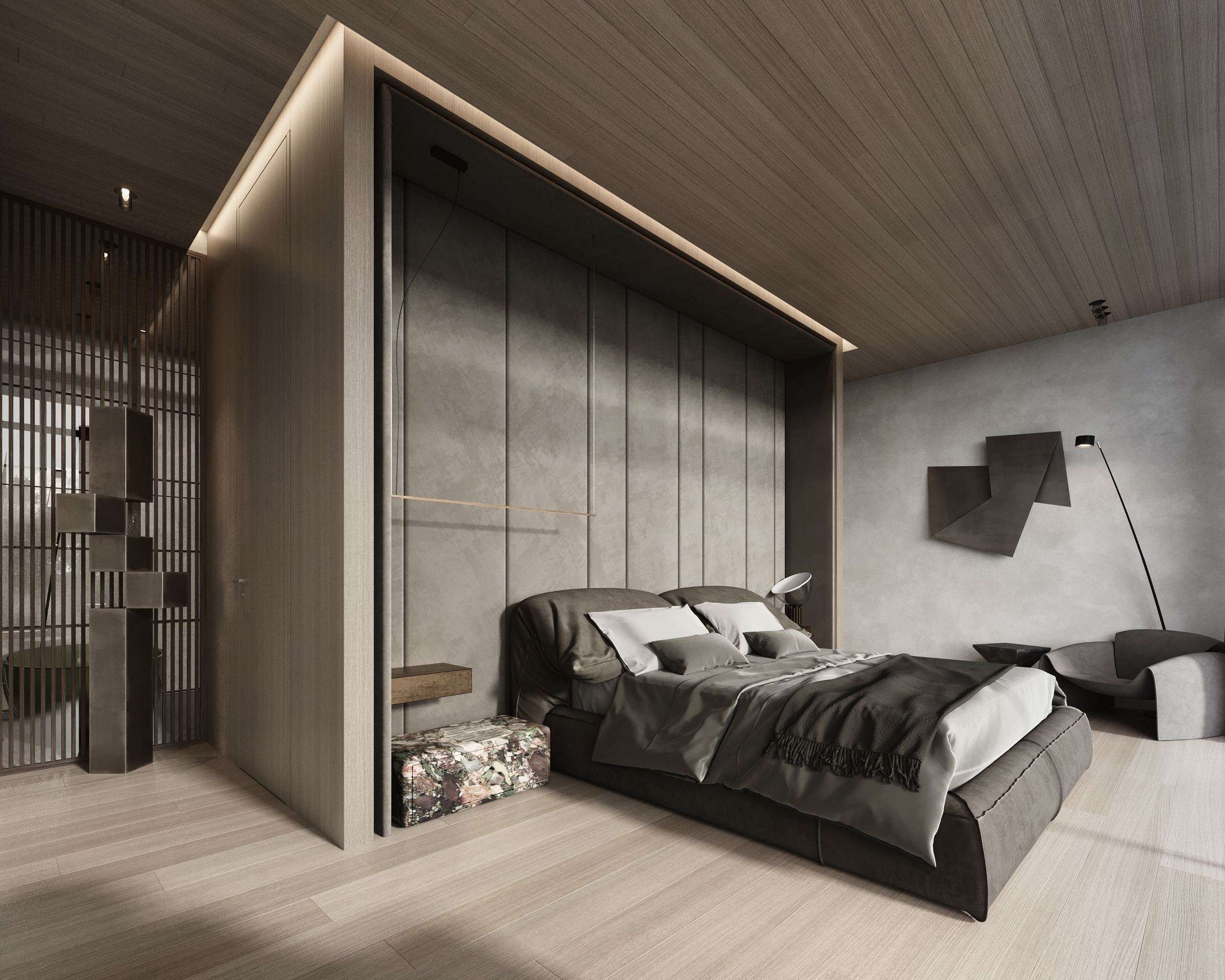 ZEN House Interior — bed beside a folding timber screen and wall light