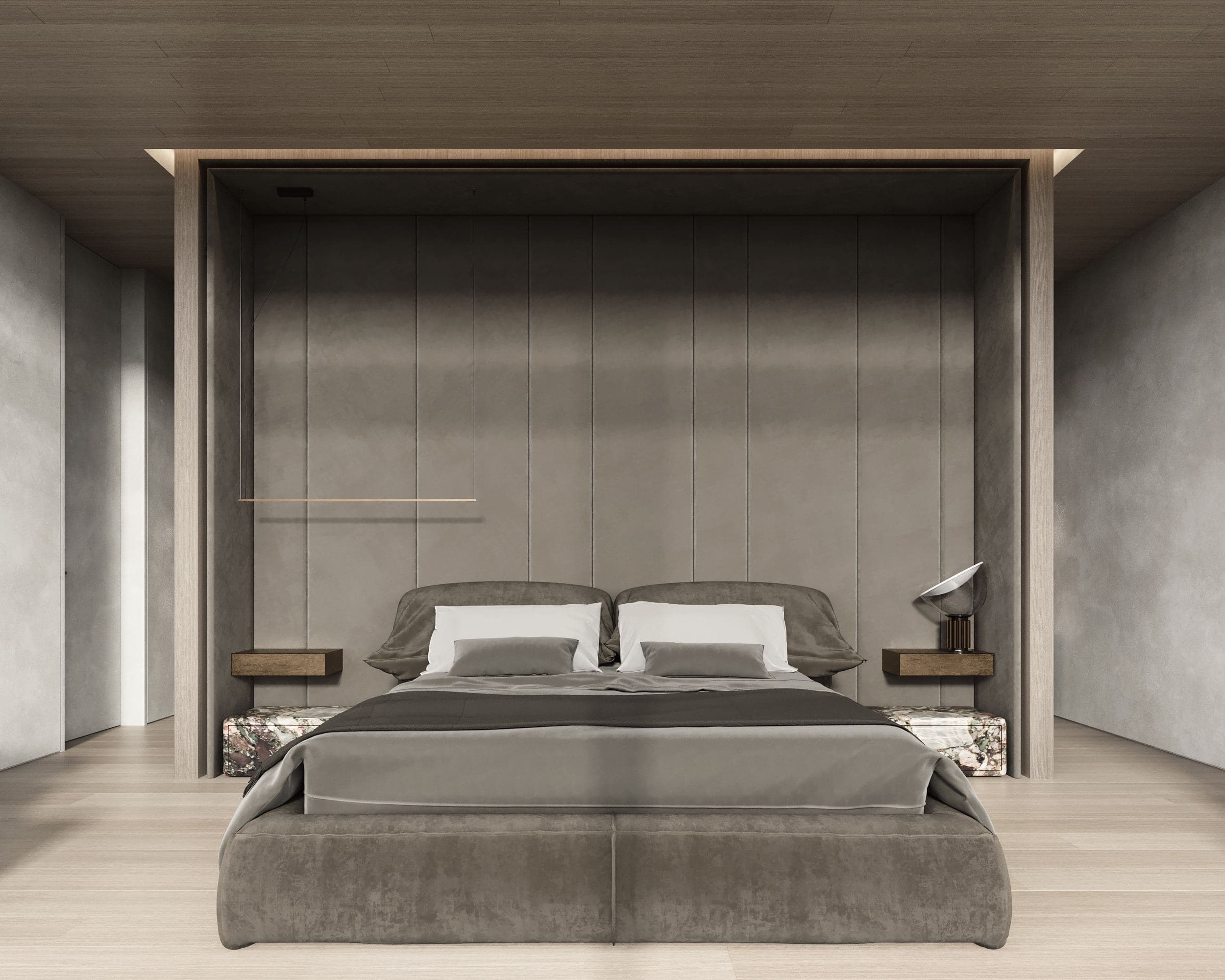 ZEN House Interior — bed beneath the timber ceiling with bedside tables