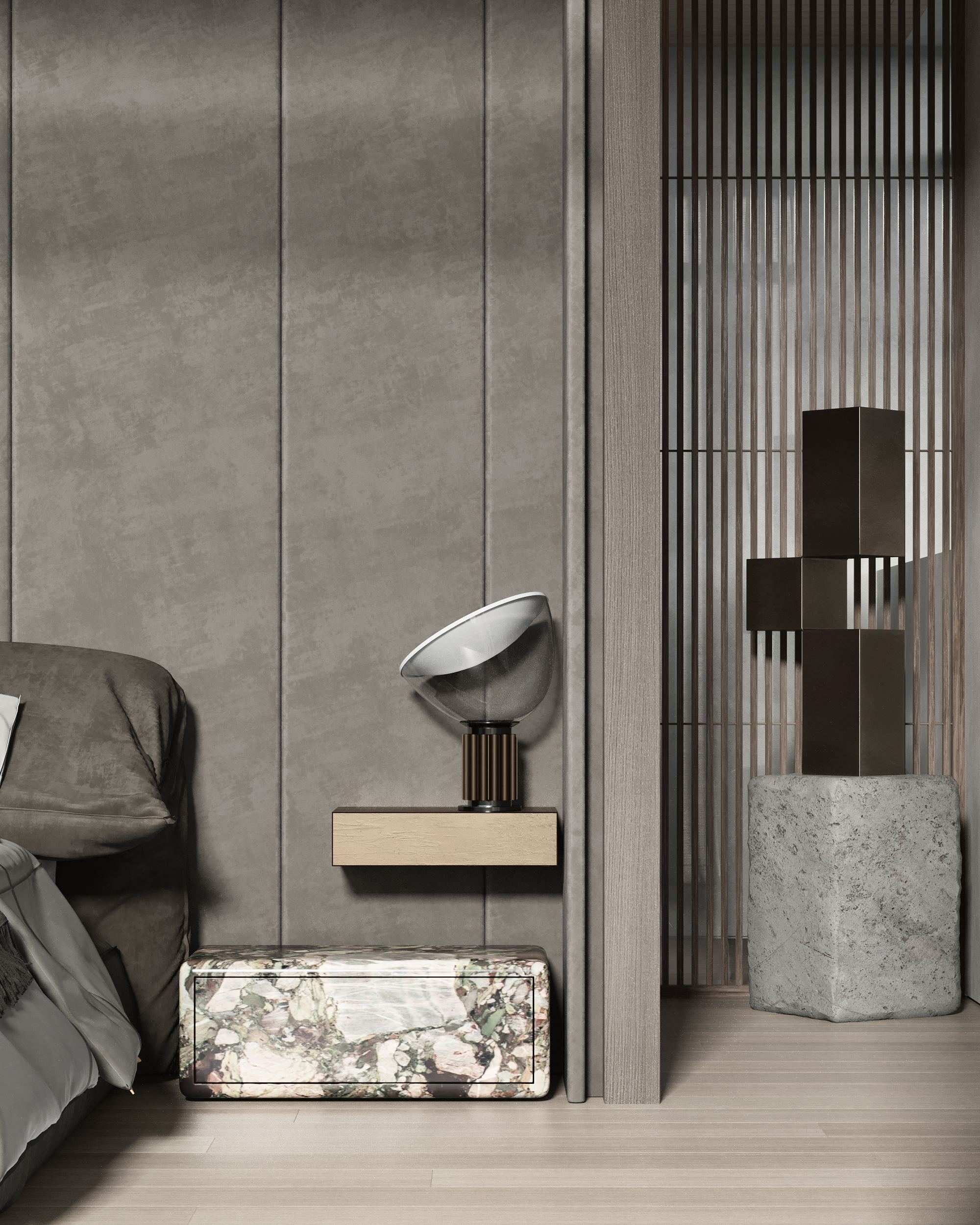 ZEN House Interior — sculptural objects beside a bed and ribbed timber partition