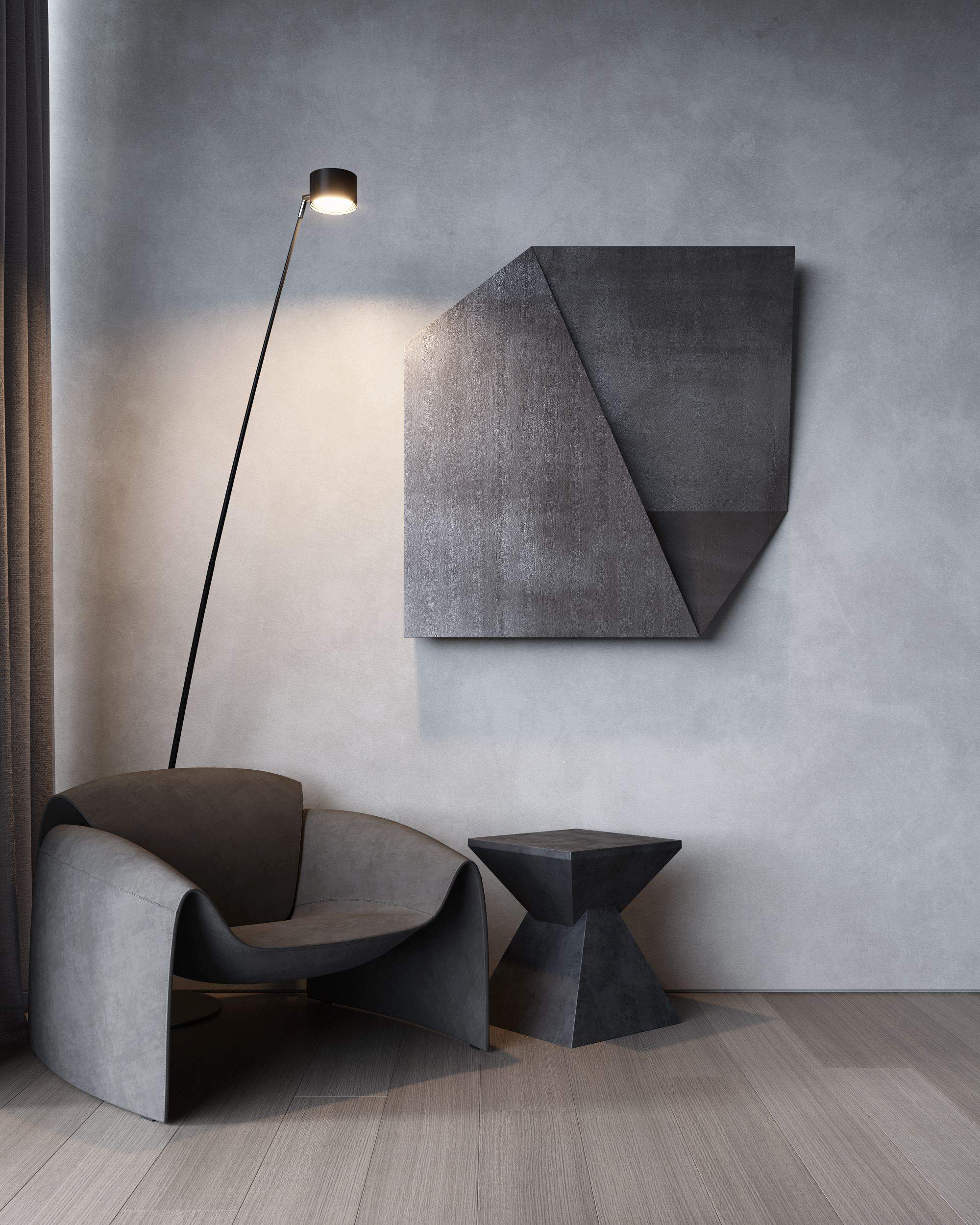 ZEN House Interior — lounge chair and side table beside a sculptural wall piece