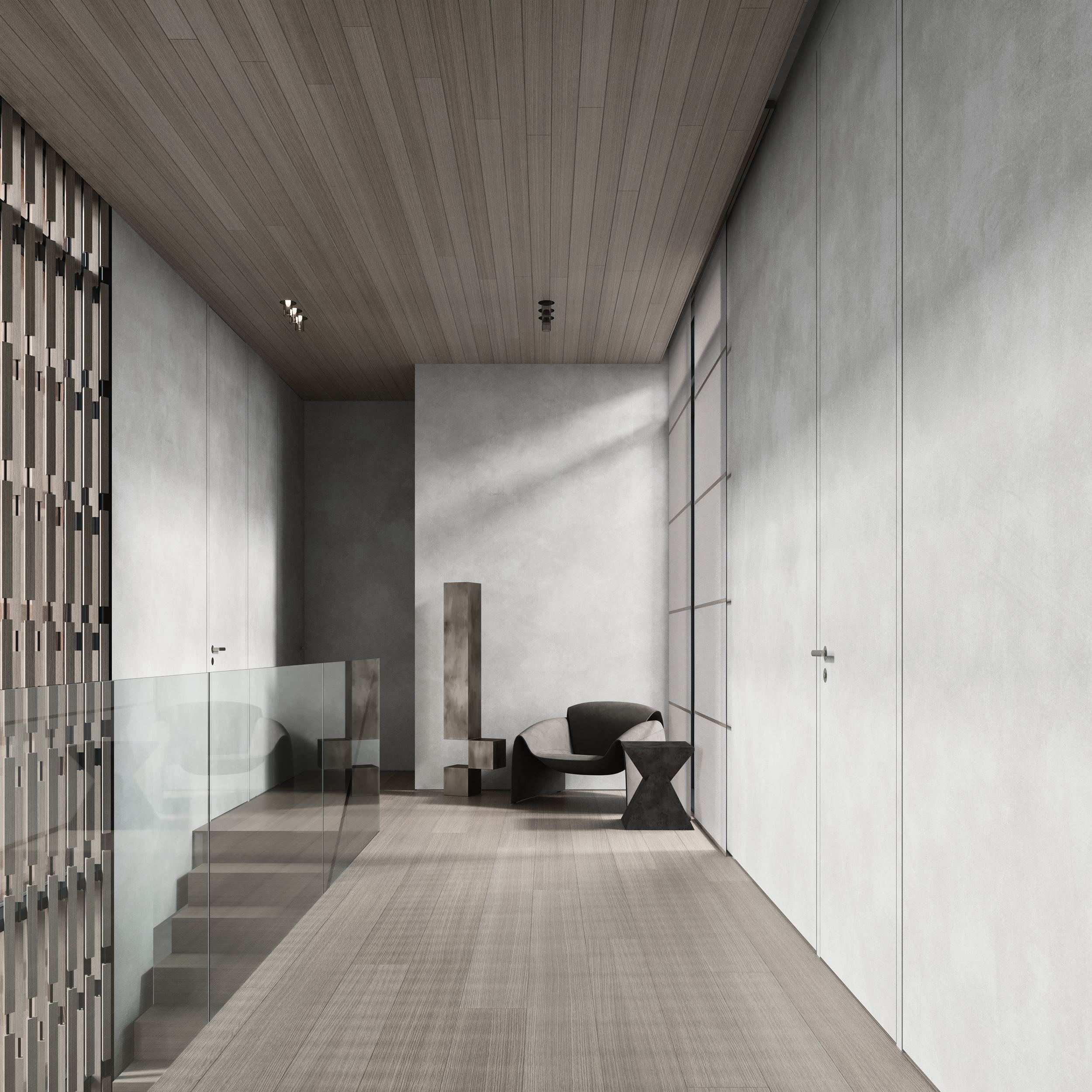 ZEN House Interior — corridor beside a staircase and ribbed timber screen