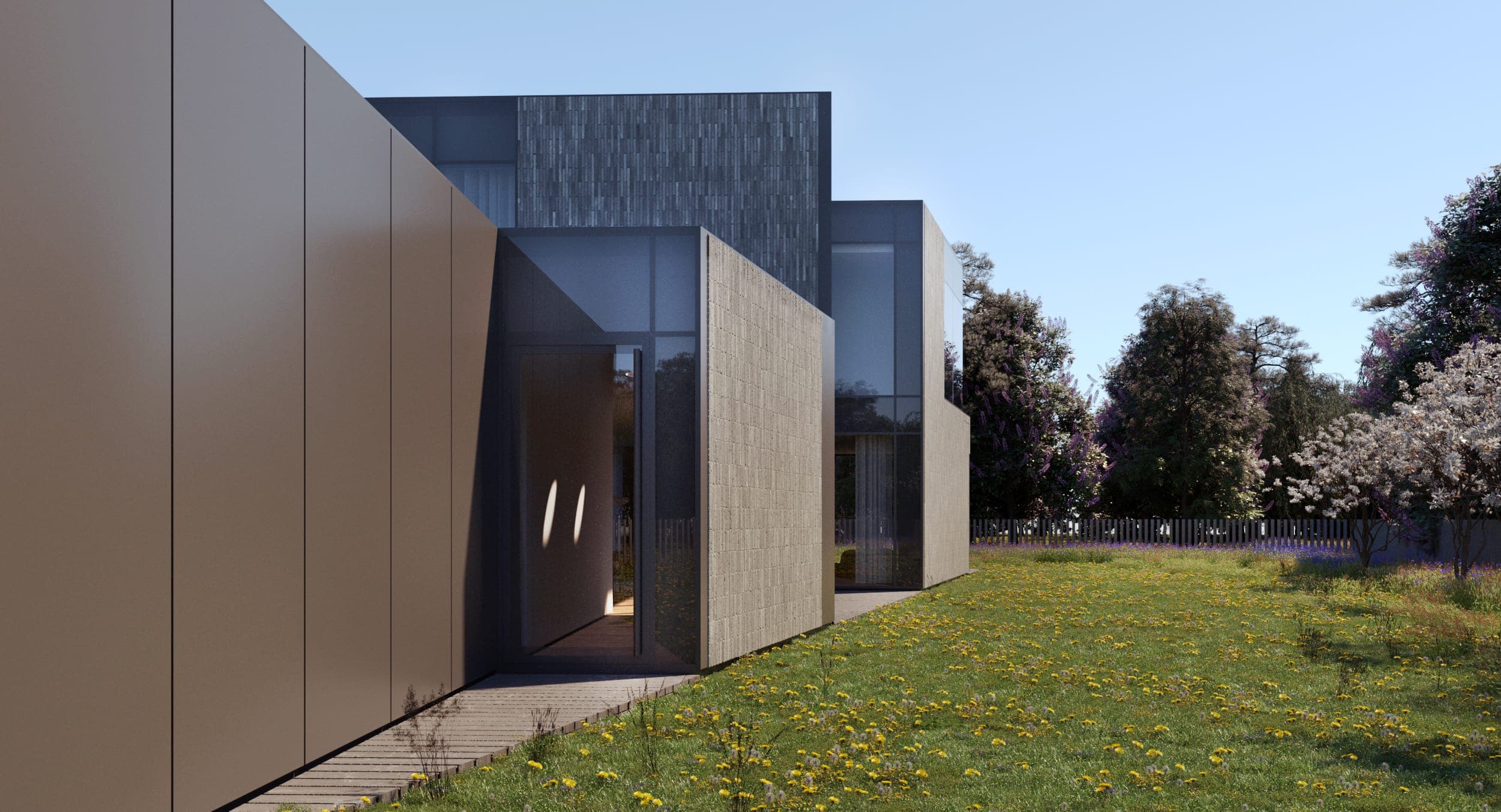 Edge House — render looking along the facade towards the recessed entrance