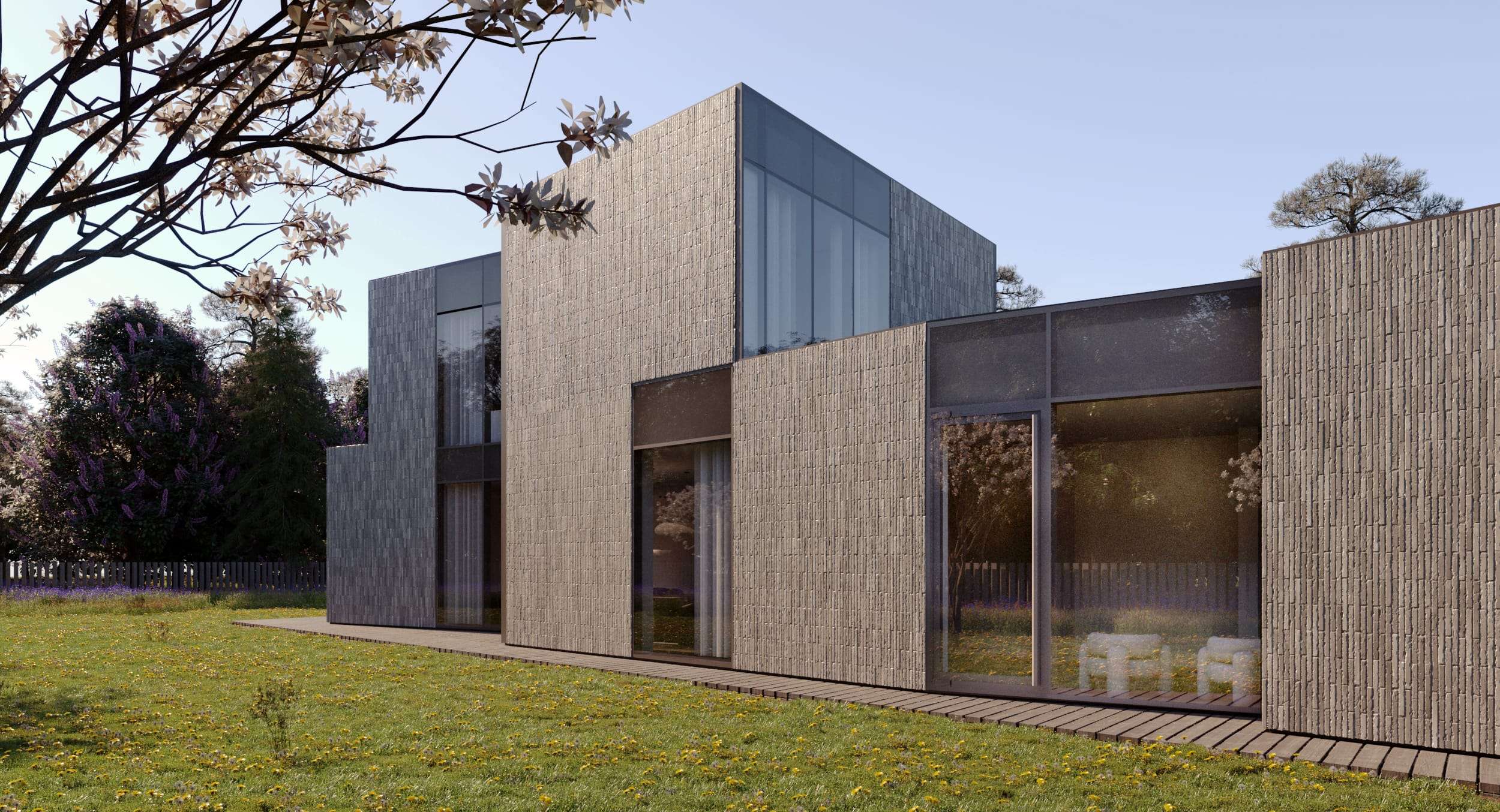 Edge House — render of the garden elevation, blossoming trees to one side