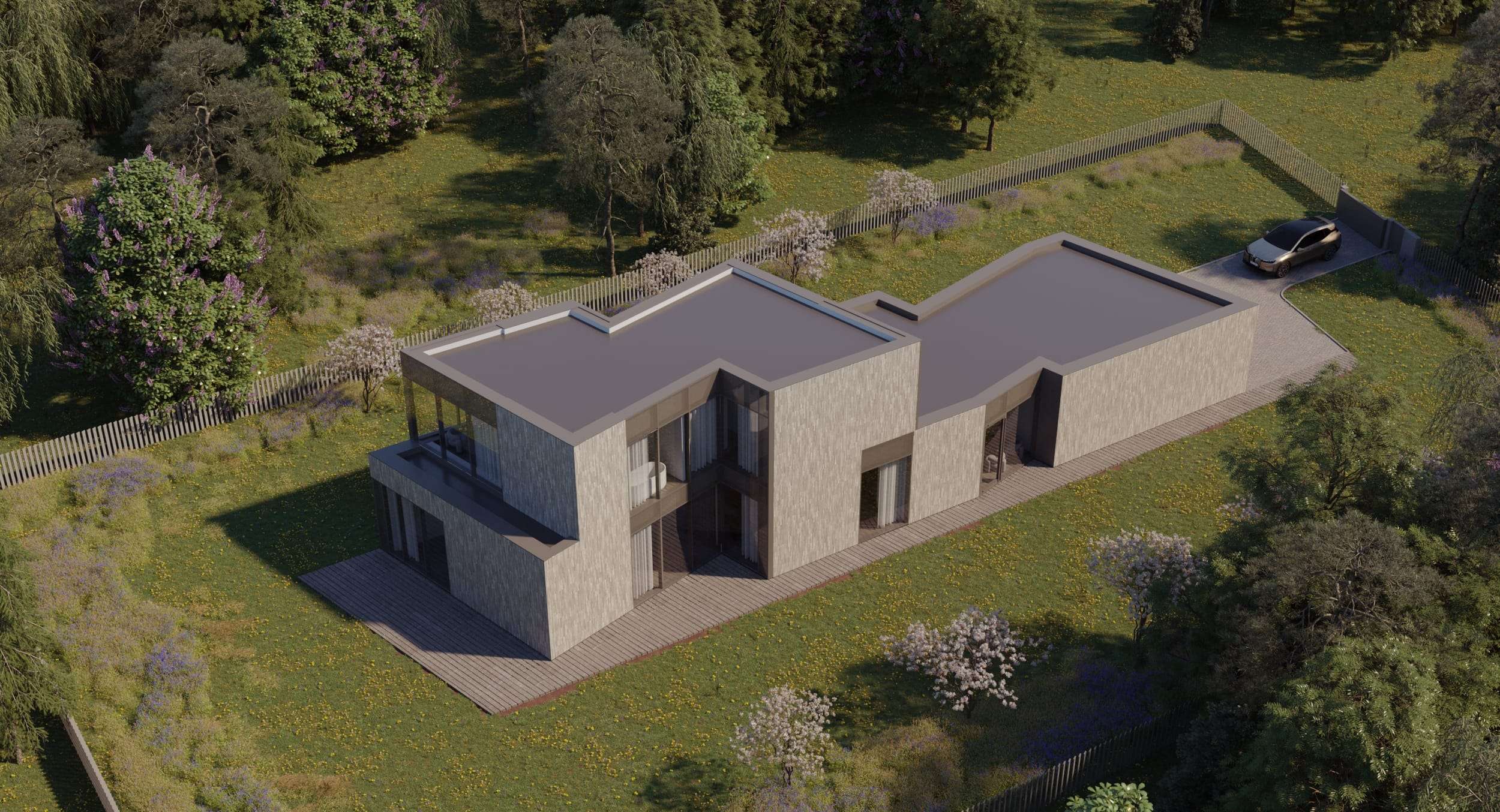 Edge House — aerial render showing it folded around its irregular plot