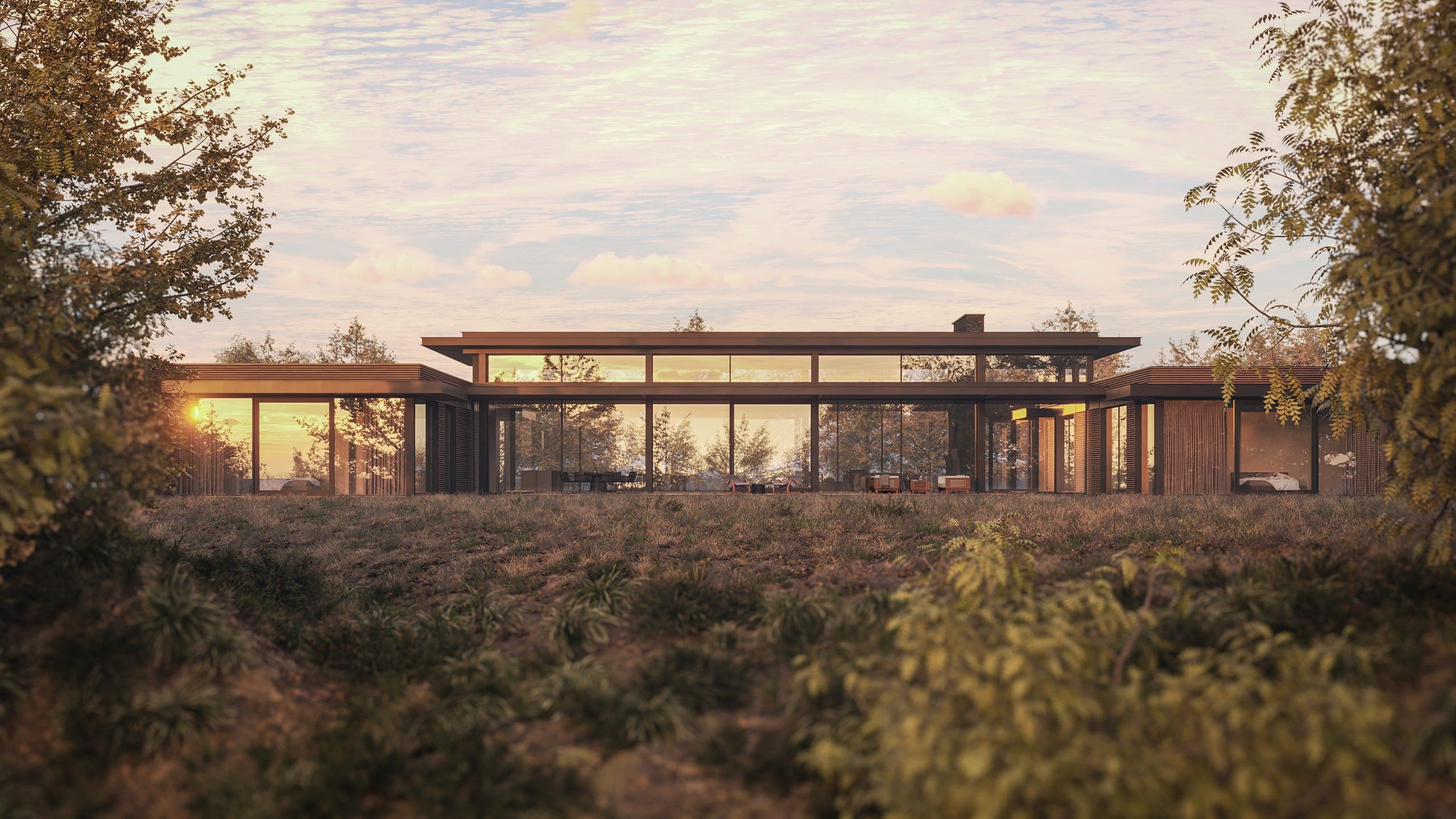 Holiday Homes on the Peninsula — render at sunset, glazed living space glowing under a broad roof