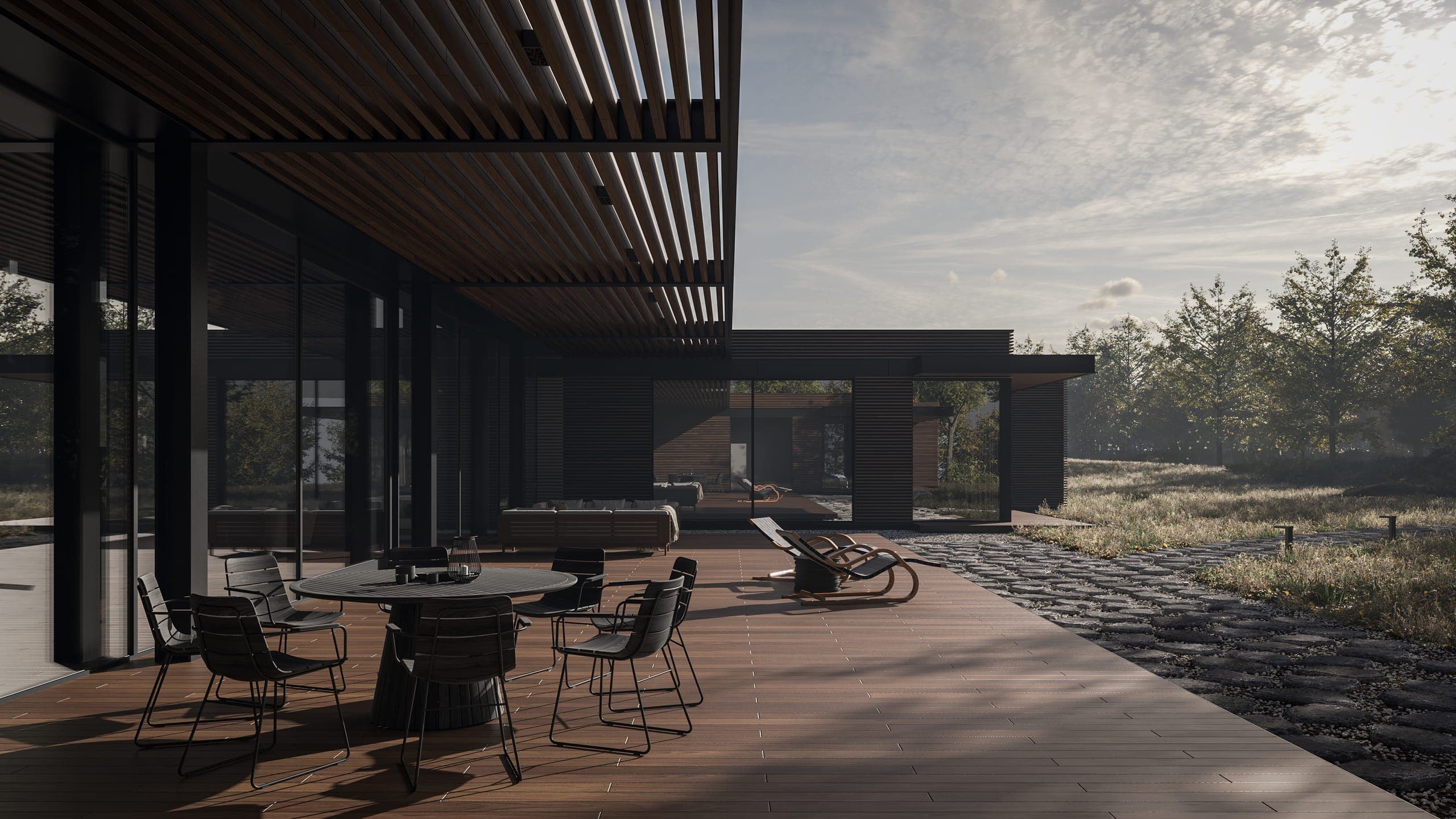 Holiday Homes on the Peninsula — render of the covered terrace with dining furniture beneath a timber ceiling