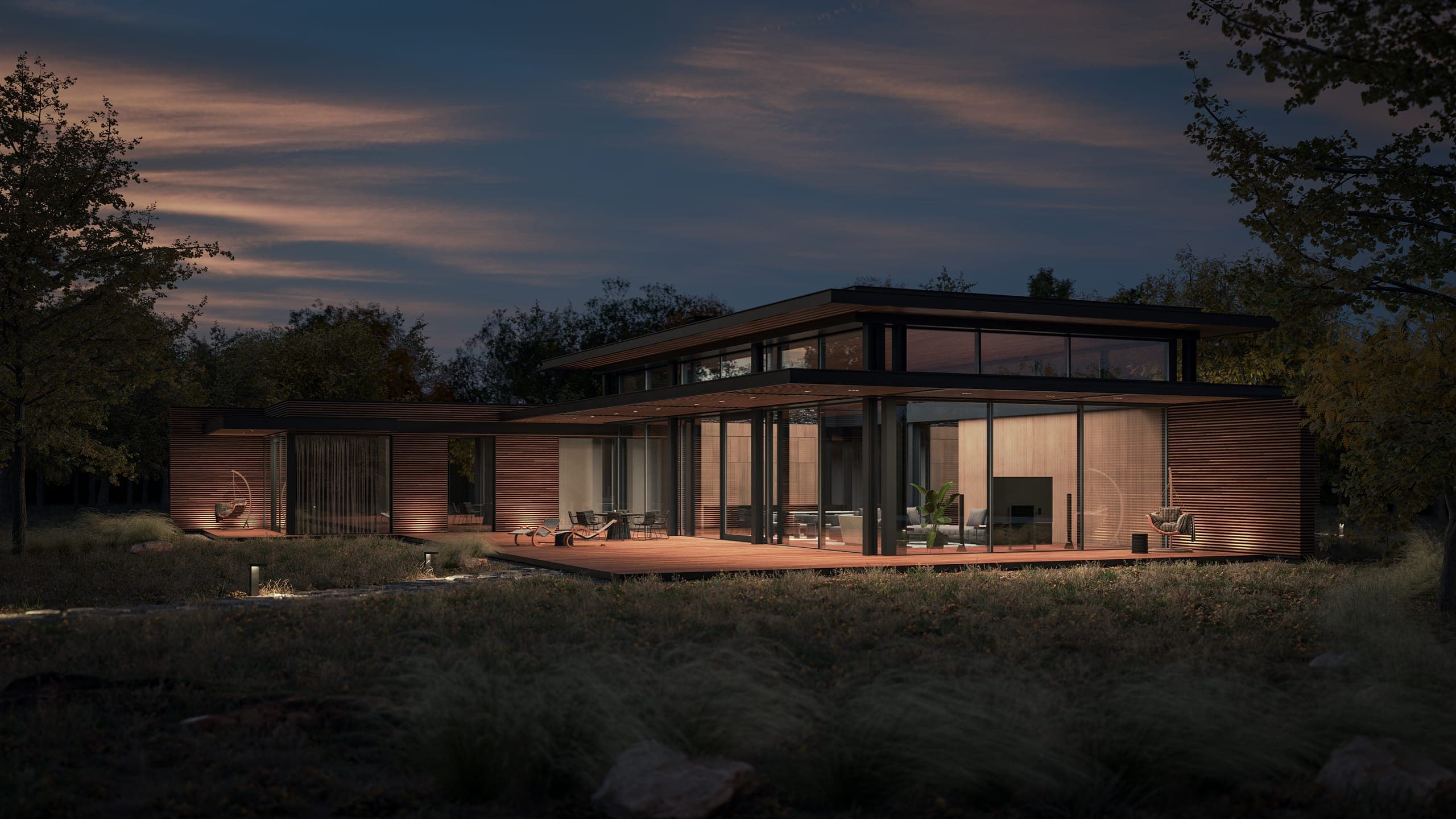 Holiday Homes on the Peninsula — render at night, warm interior light spilling onto the terrace