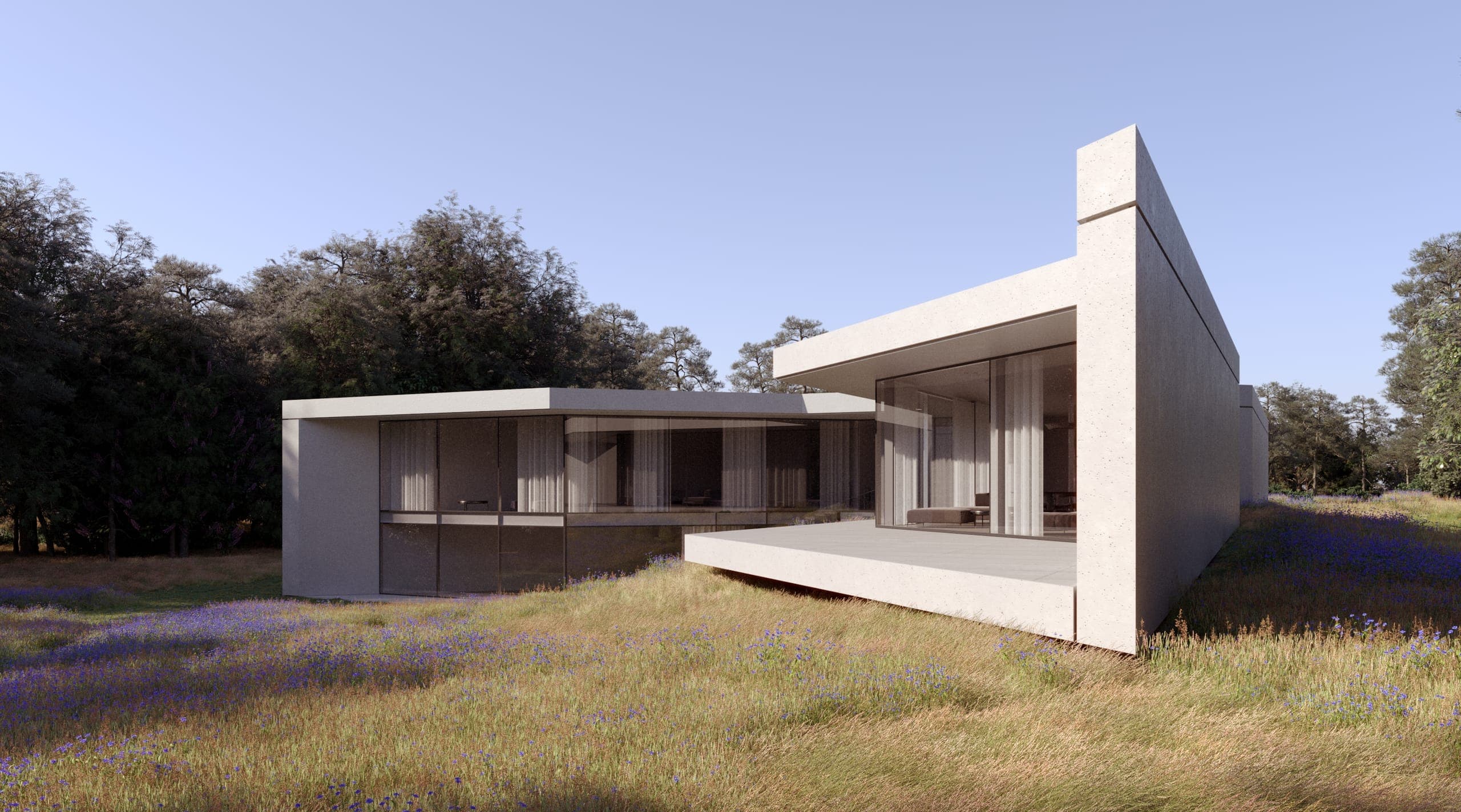 Peninsula House — render of the garden elevation, a covered terrace cut into the white volume