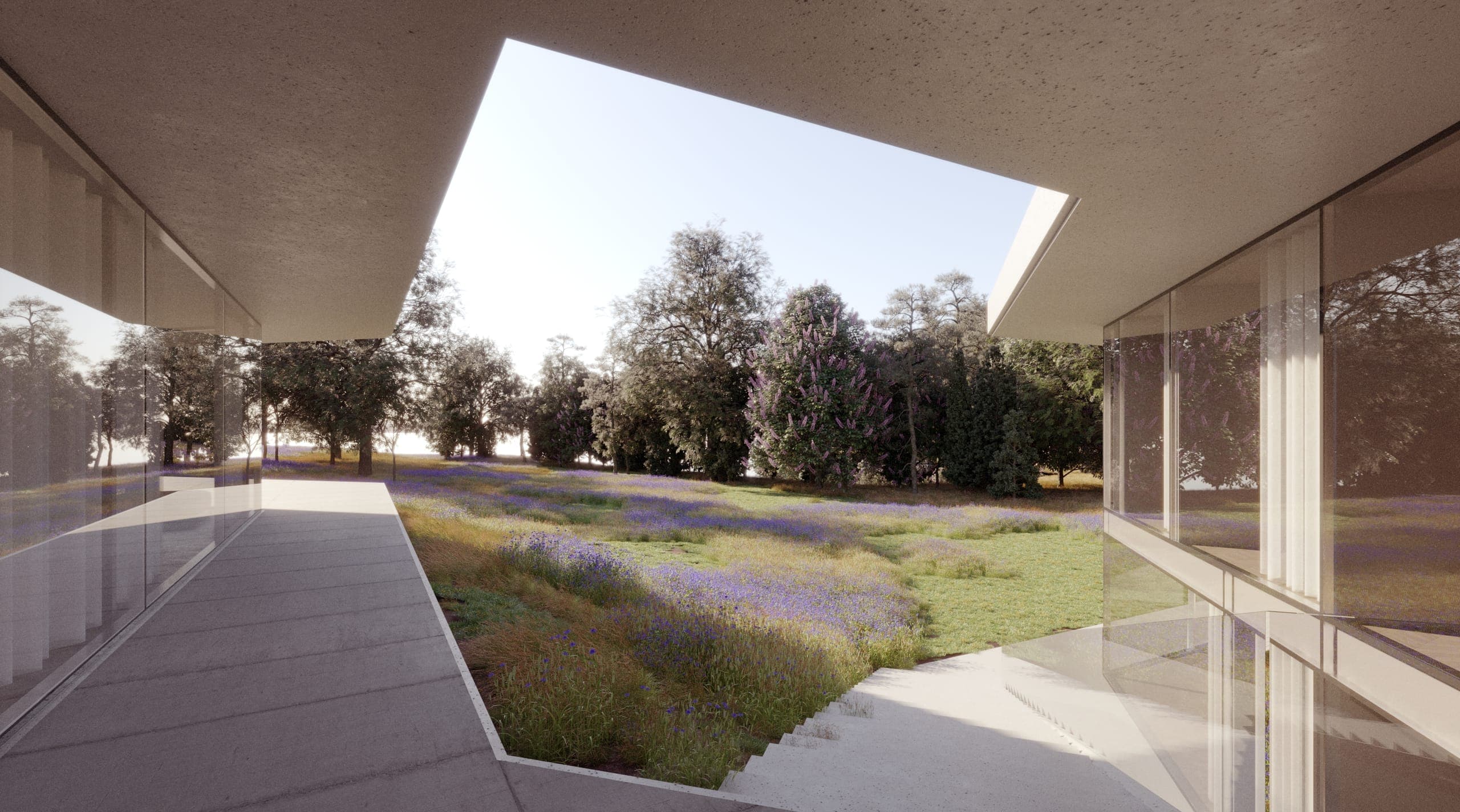 Peninsula House — render looking out from the covered walkway across the meadow