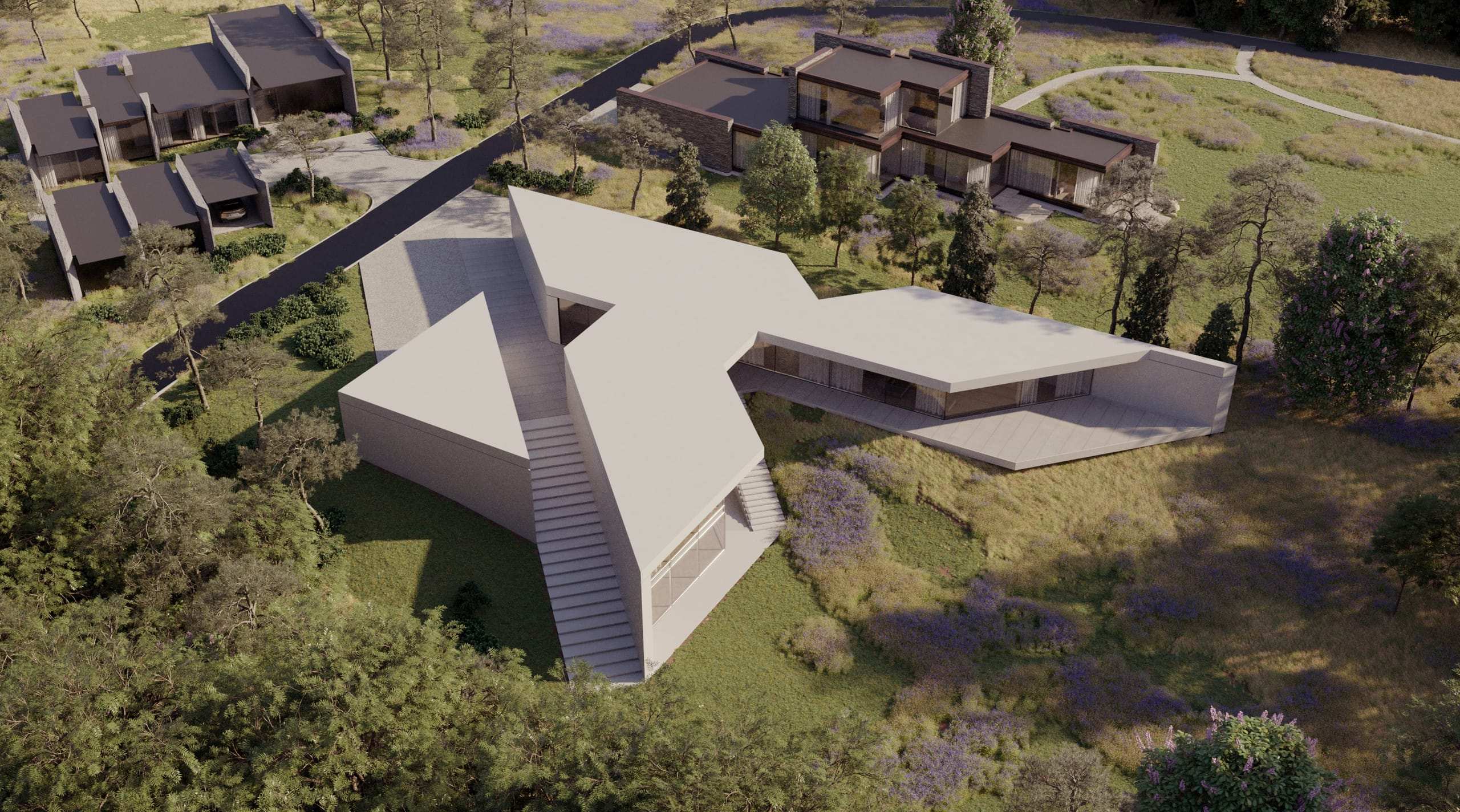 Peninsula House — aerial render at dusk, neighbouring houses beyond