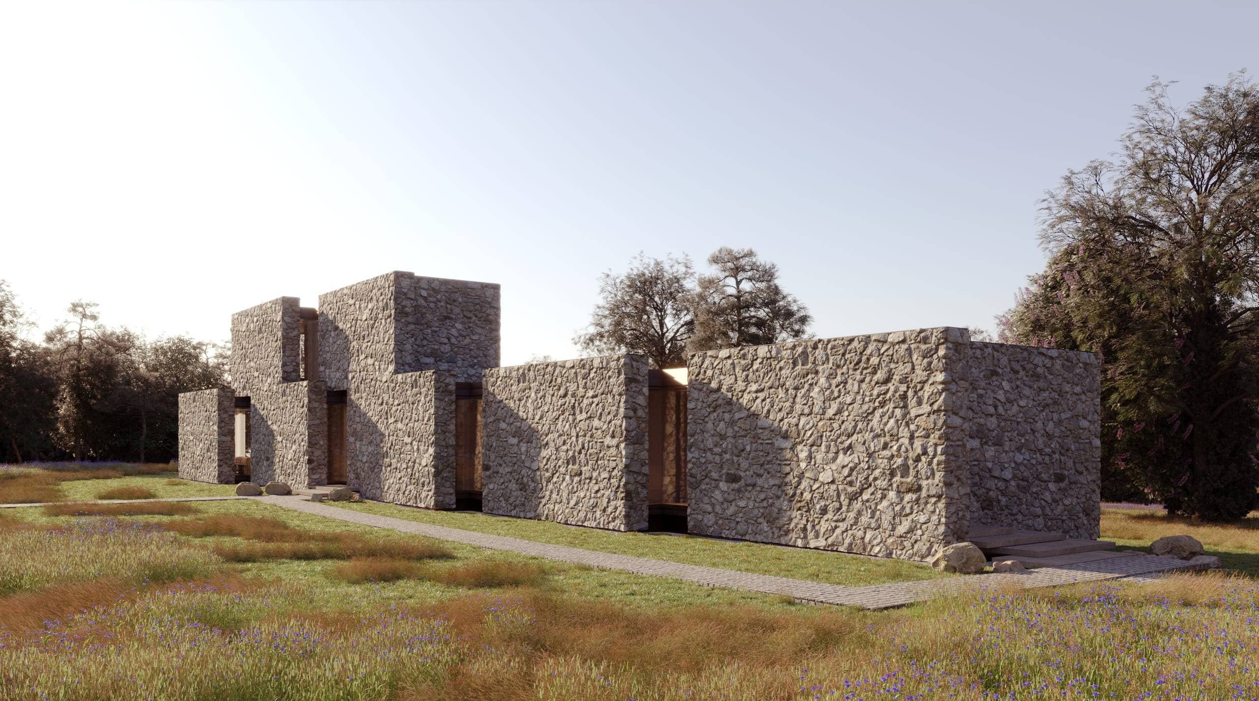 Peninsula Stone House — render of the approach, rough stone walls closing it off from the lane