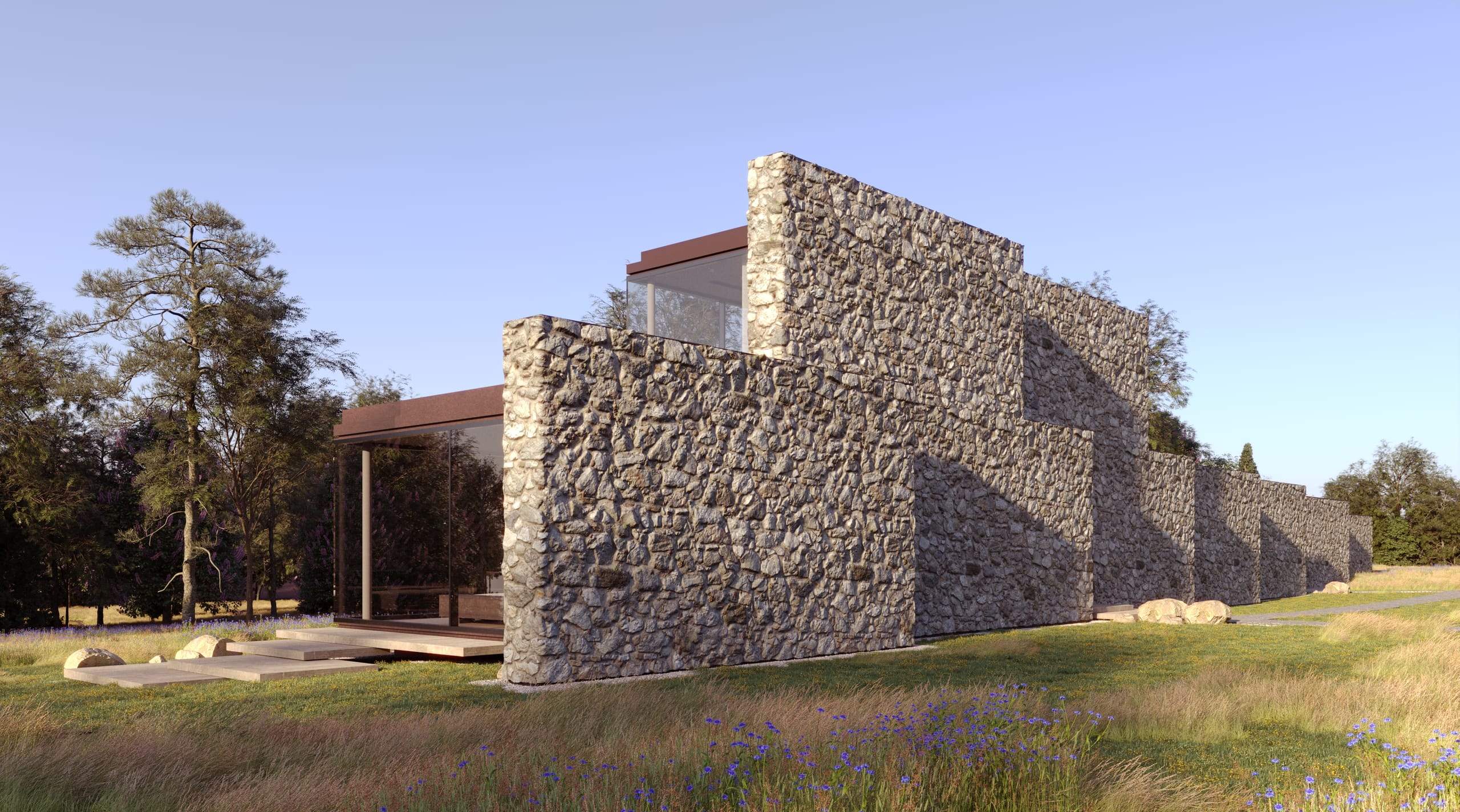 Peninsula Stone House — render of the stone wall stepping down towards the terrace