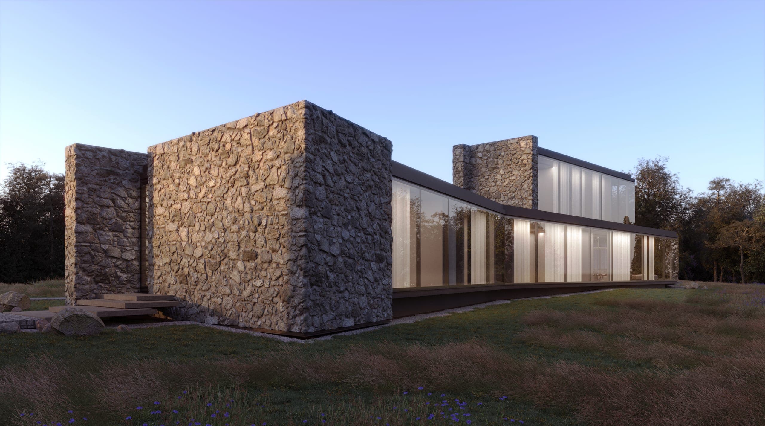 Peninsula Stone House — render at dusk, glazed living spaces glowing between stone volumes