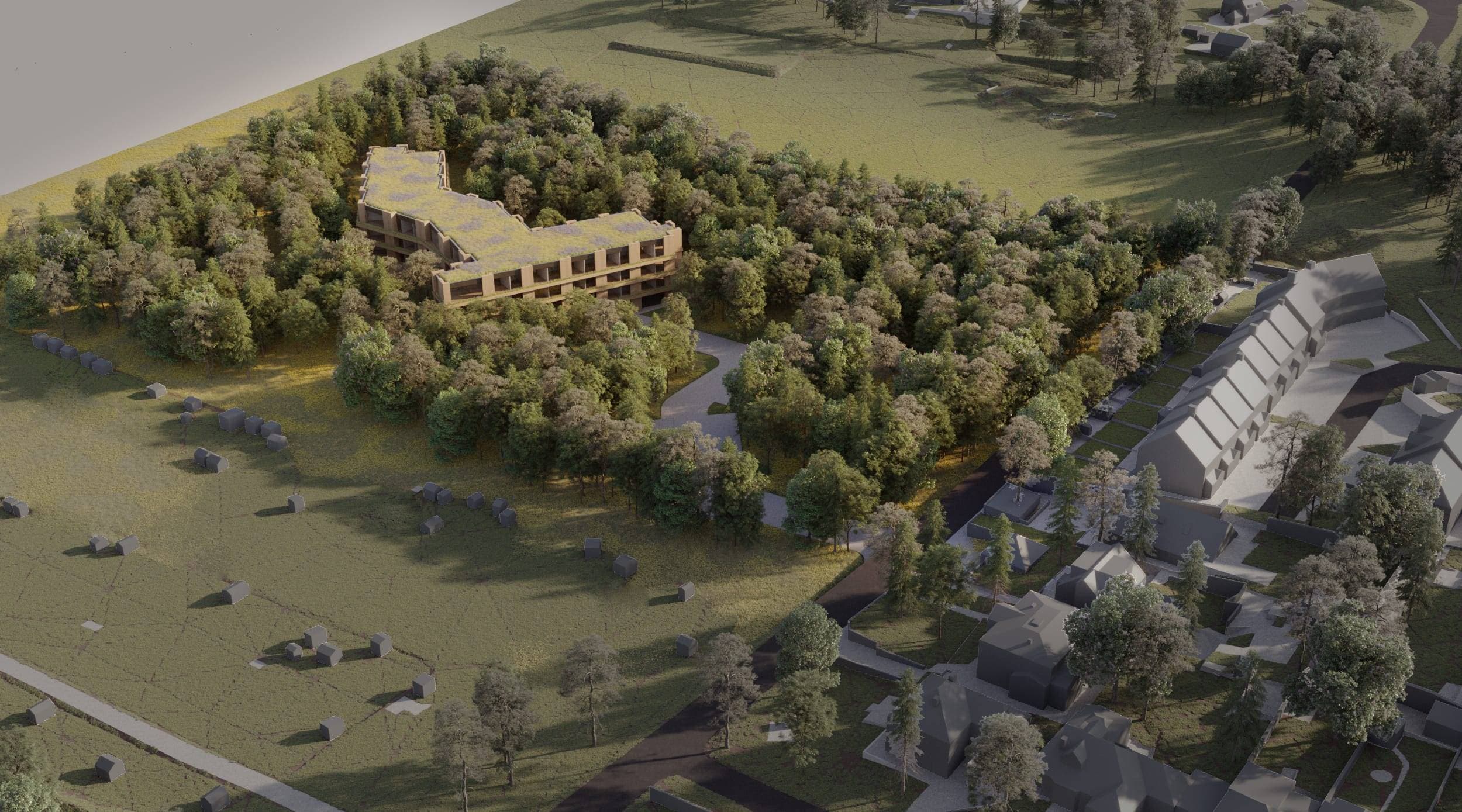 Woodland Senior Living — aerial render of the residences set within the woodland