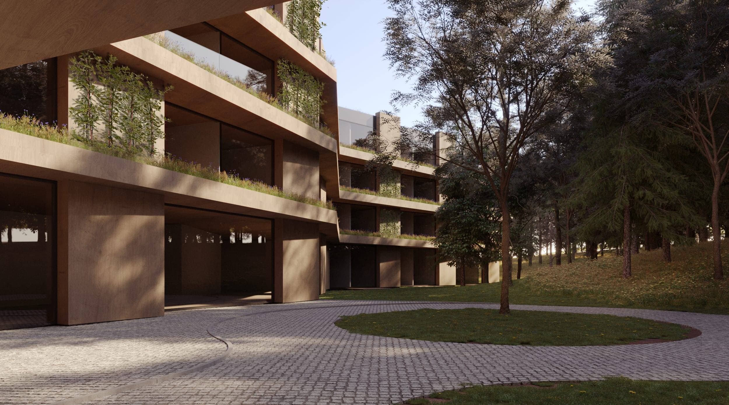 Woodland Senior Living — render of the courtyard beneath the planted terraces