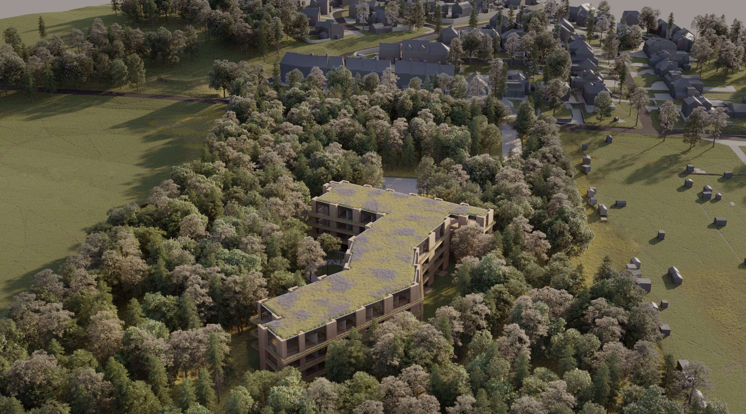 Woodland Senior Living — aerial render showing the green roof and surrounding woodland