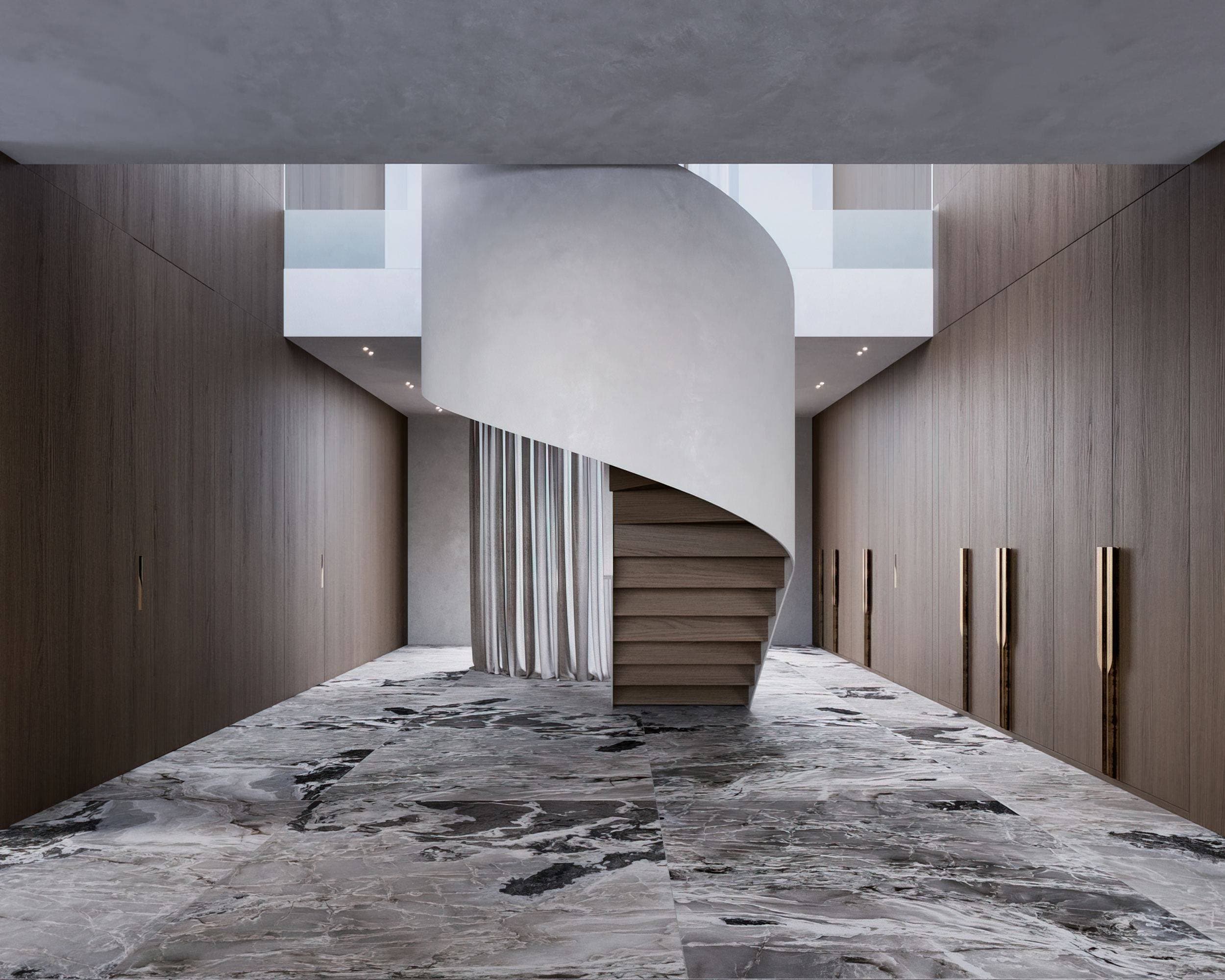 IN JAN House Interior — sweeping curved staircase rising through the veined stone hallway