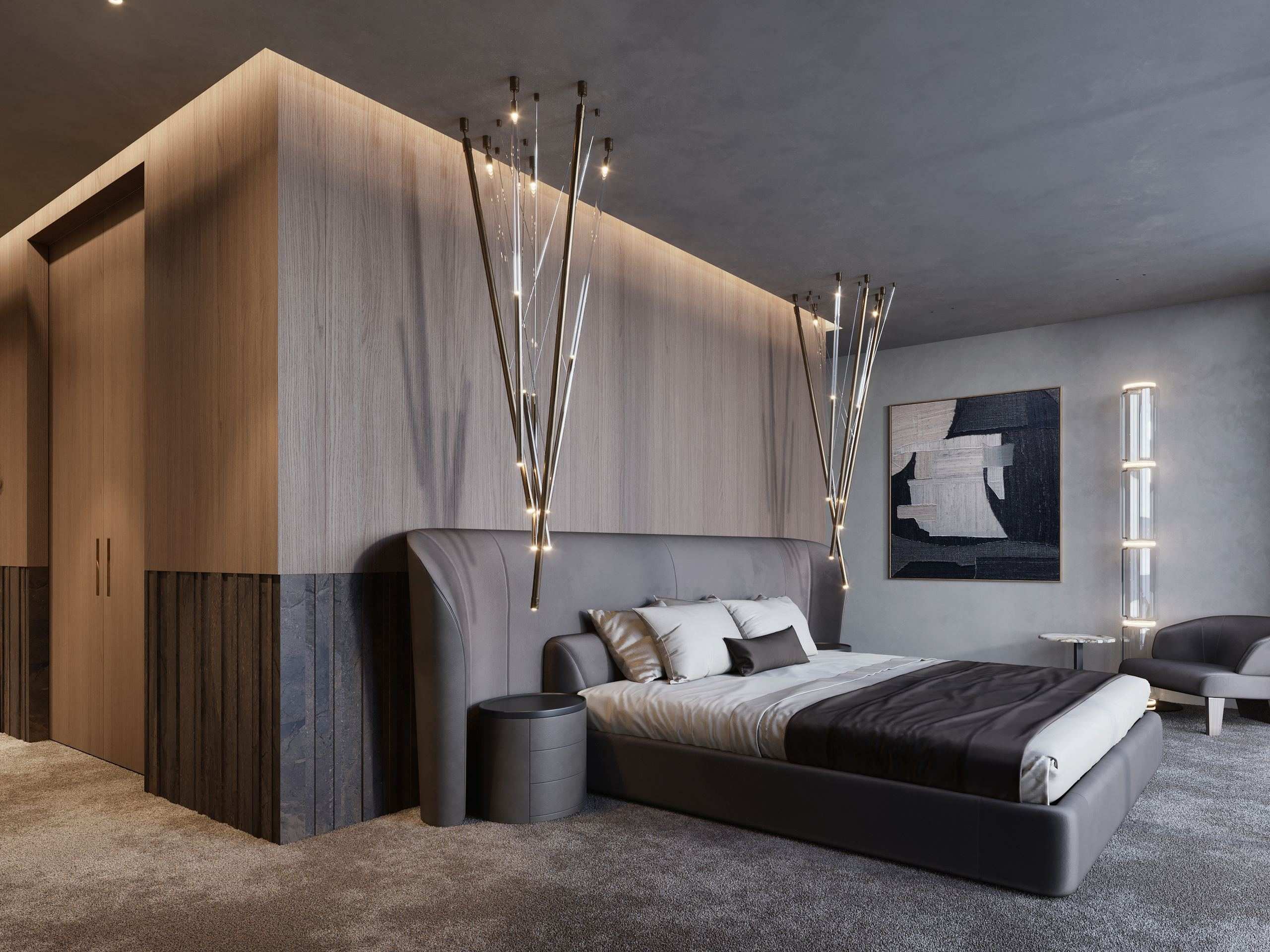 IN JAN House Interior — bed beside a curved upholstered headboard beneath pendant lights