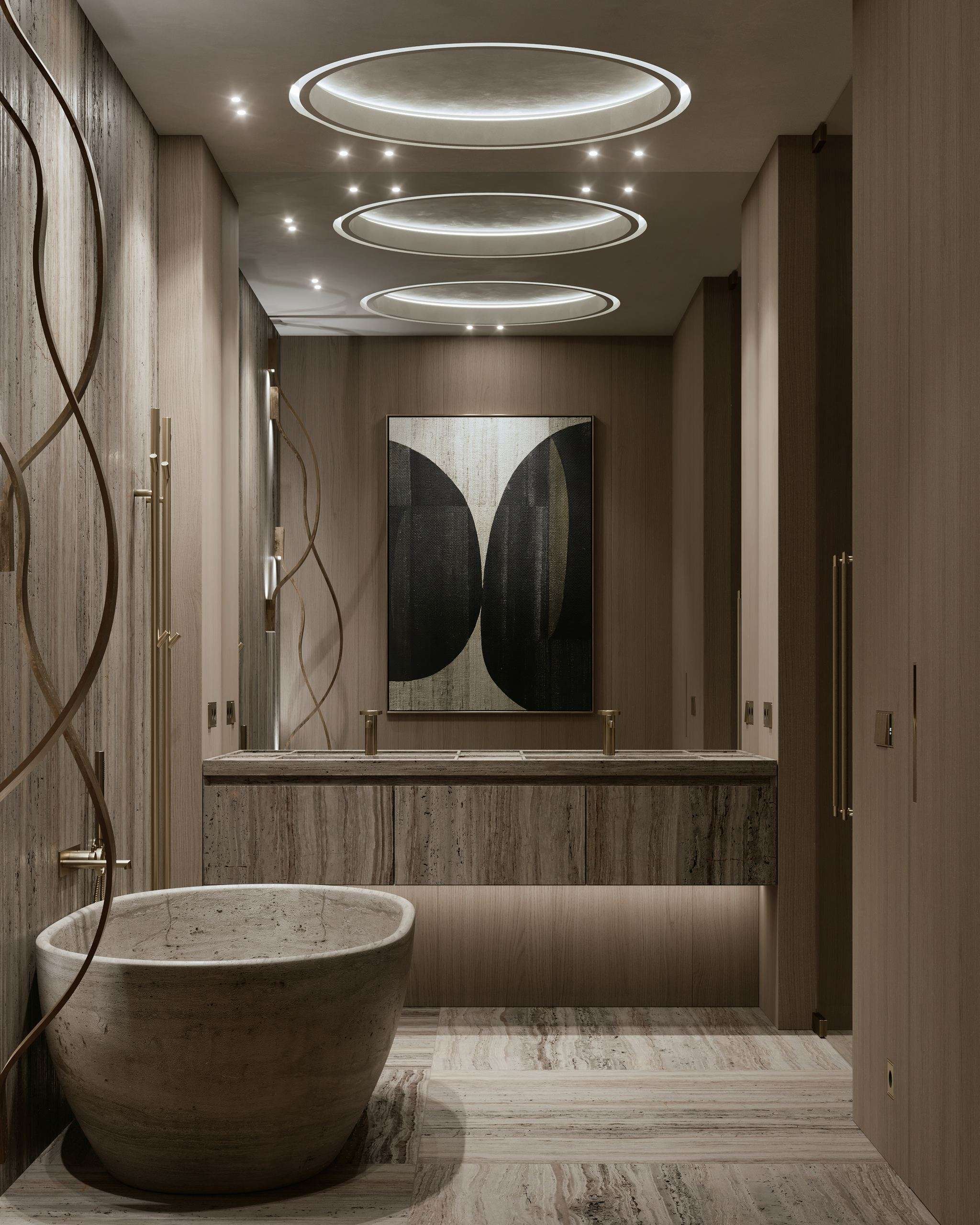 IN JAN House Interior — freestanding stone bathtub in a circular sunken bathroom